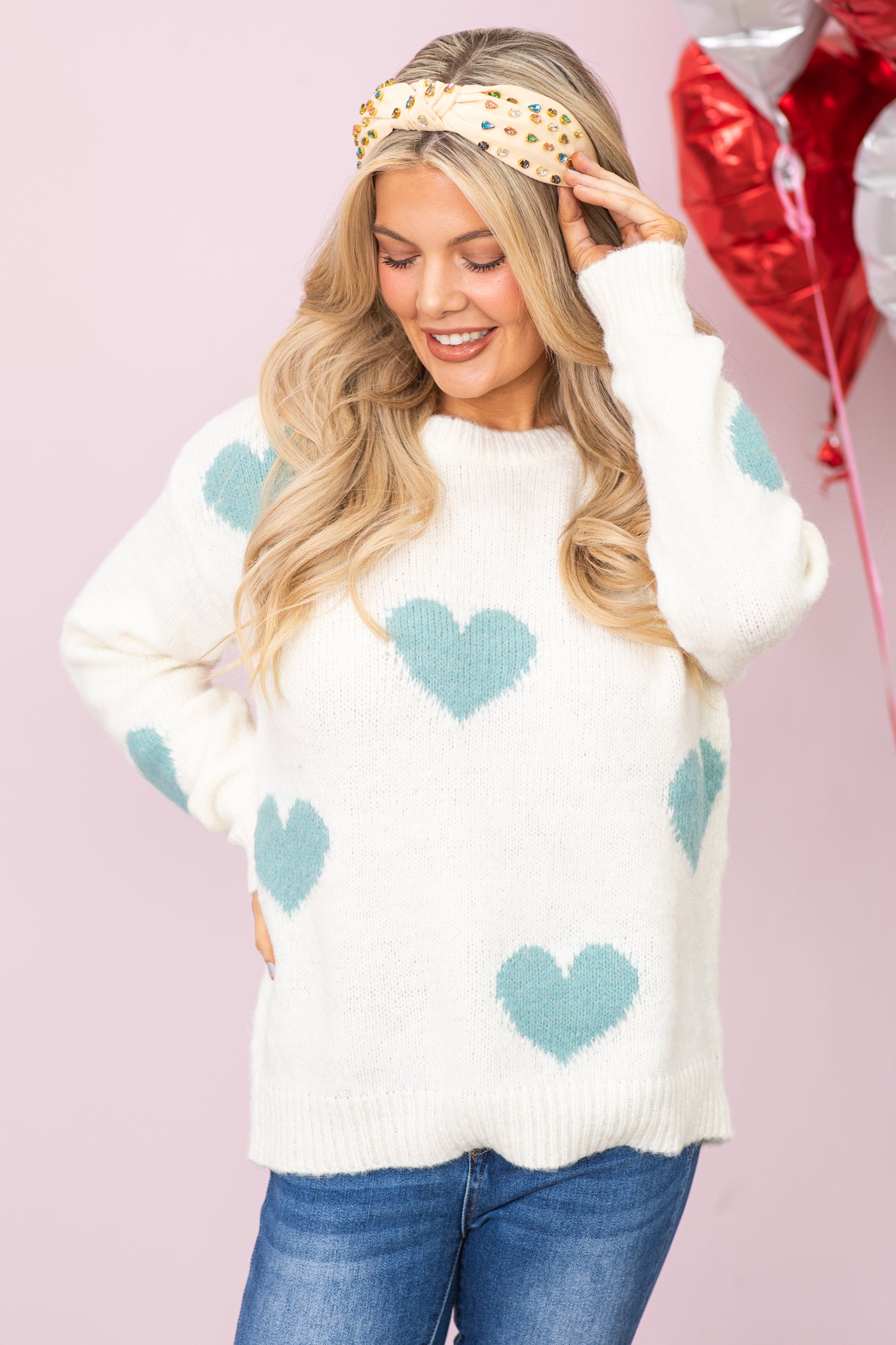 Ivory with Mint Heart Pattern Sweater