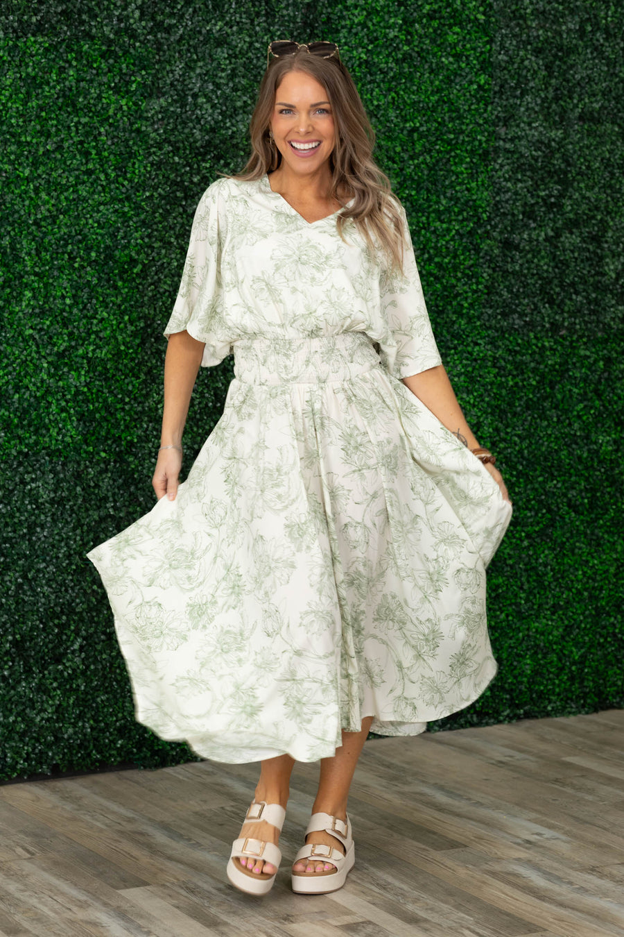 Ivory And Olive Floral Smocked Midi Dress