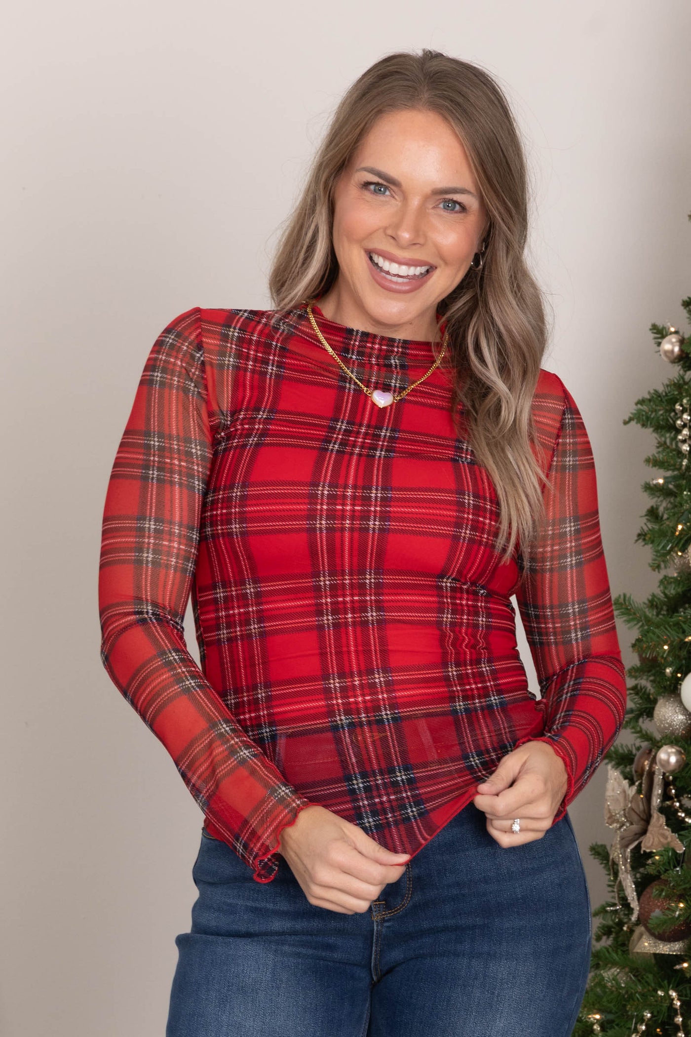 Plaid Print Mesh Long Sleeve Tops