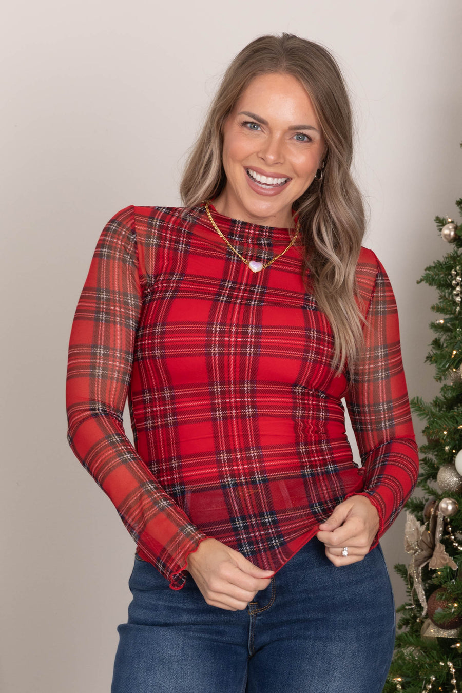 Plaid Print Mesh Long Sleeve Tops