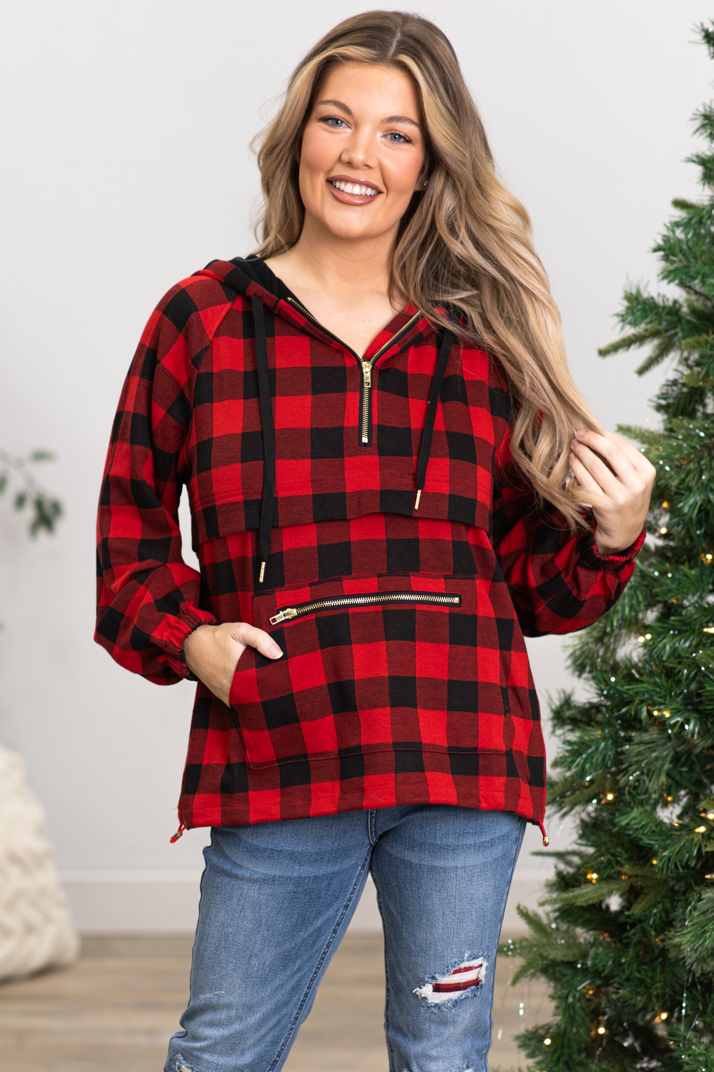 Red and Black Buffalo Plaid Hooded Pullover
