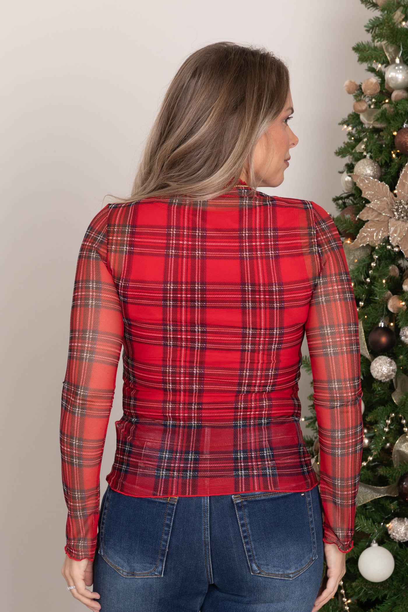 Plaid Print Mesh Long Sleeve Tops