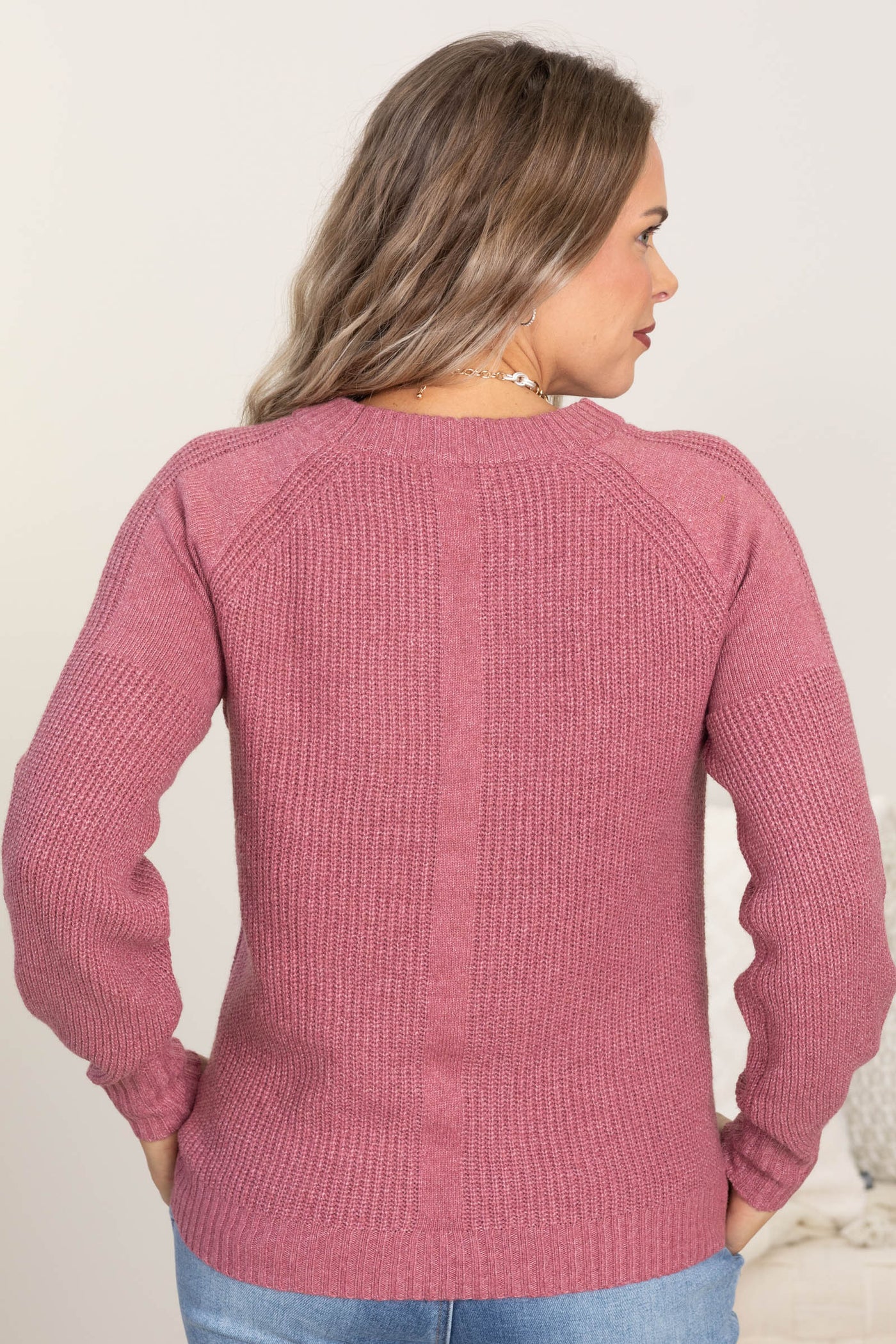 Dusty Rose Solid Long Sleeve Pullover Sweater