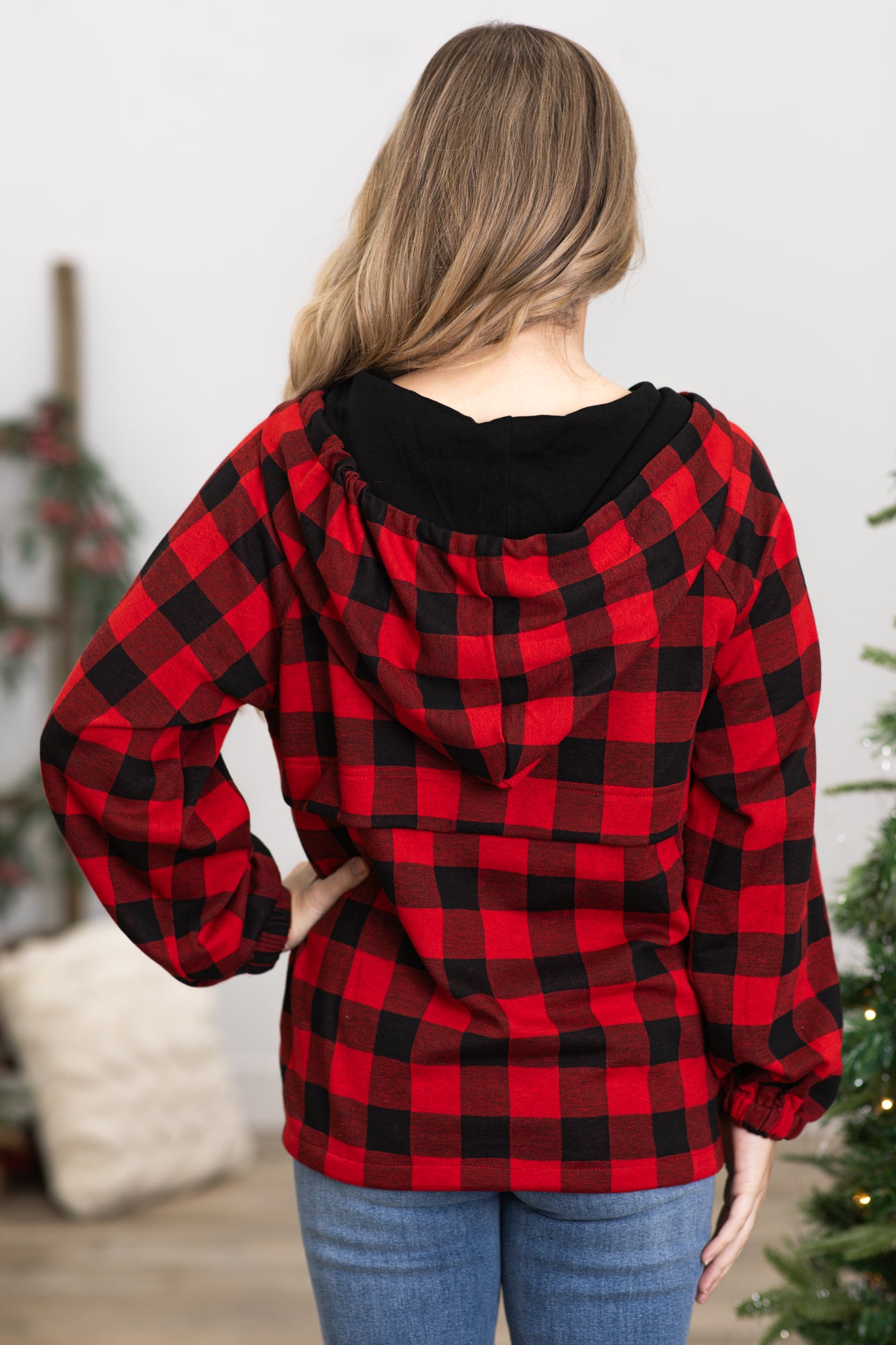 Red and Black Buffalo Plaid Hooded Pullover