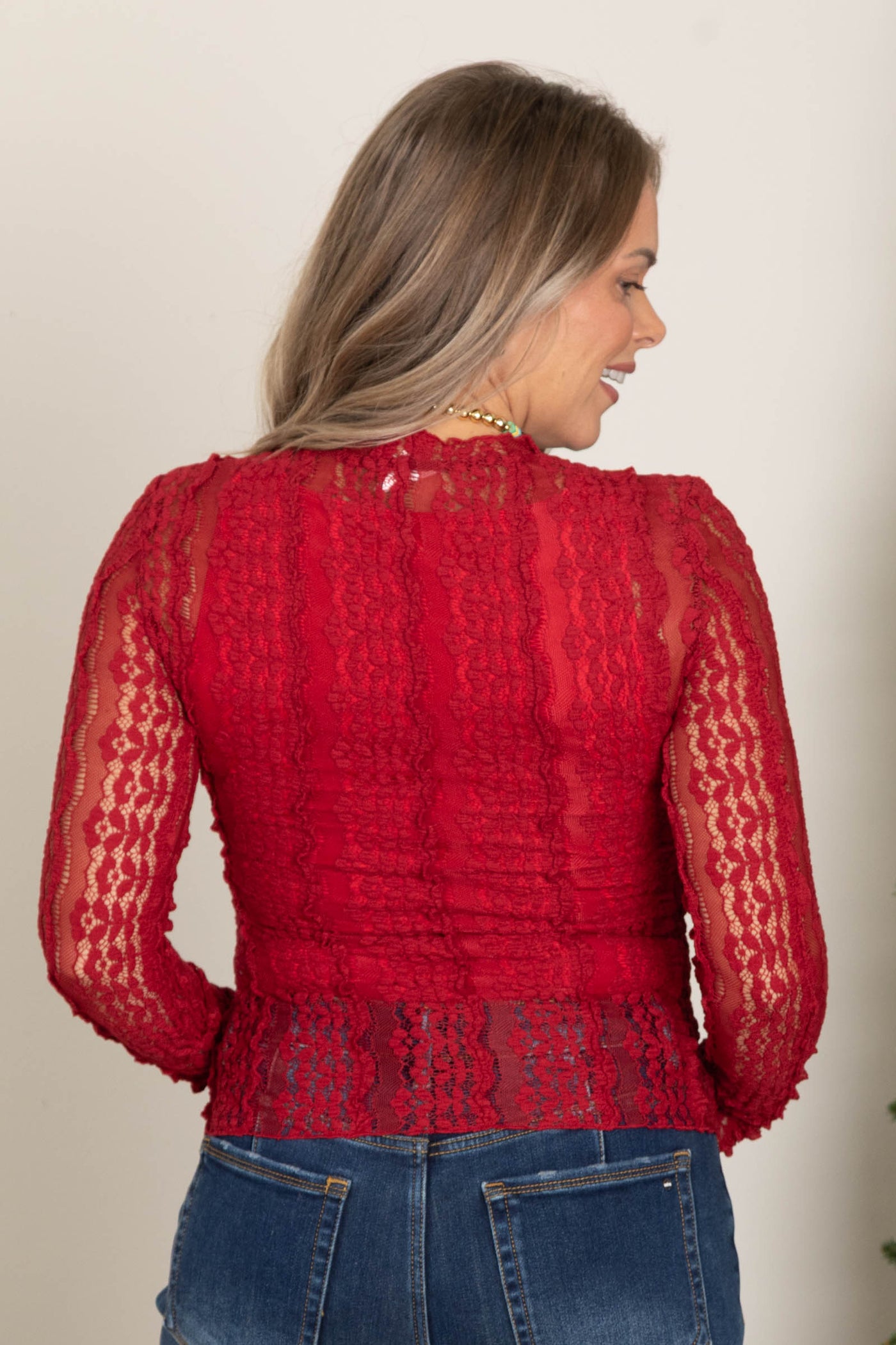 Red Sheer Lace Knit Top