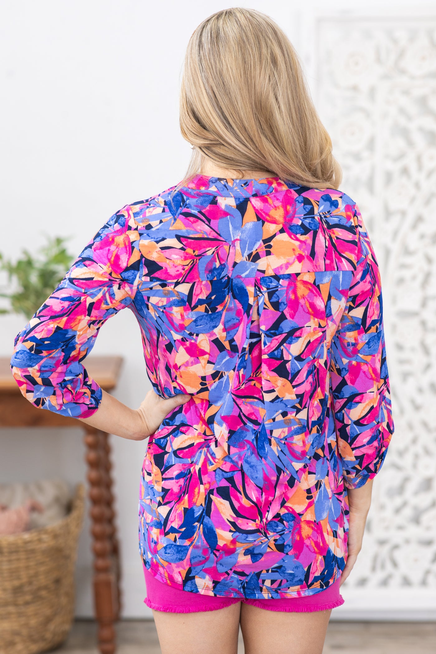 Navy Multicolor Floral Wrinkle Free Lizzy Top