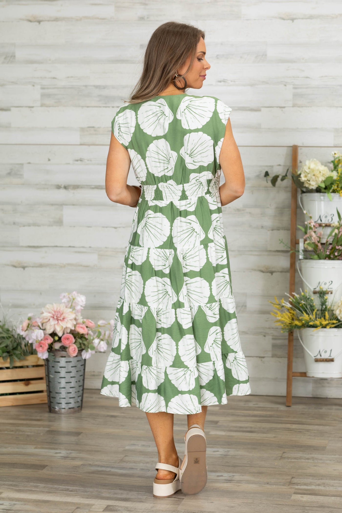 Sage Back Smocked Midi Dress With Tied Waist