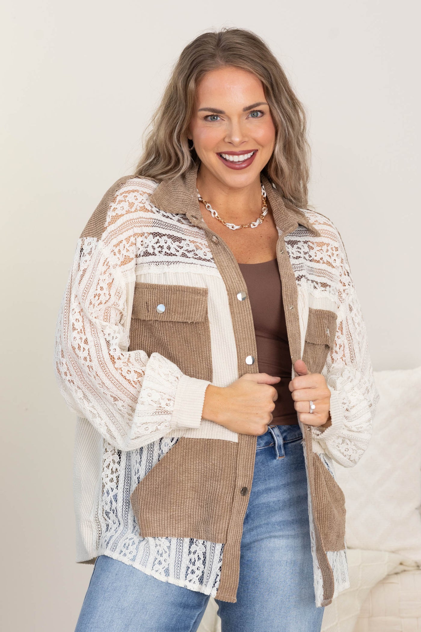 Mocha Corduroy With Ivory Lace Contrast Jacket