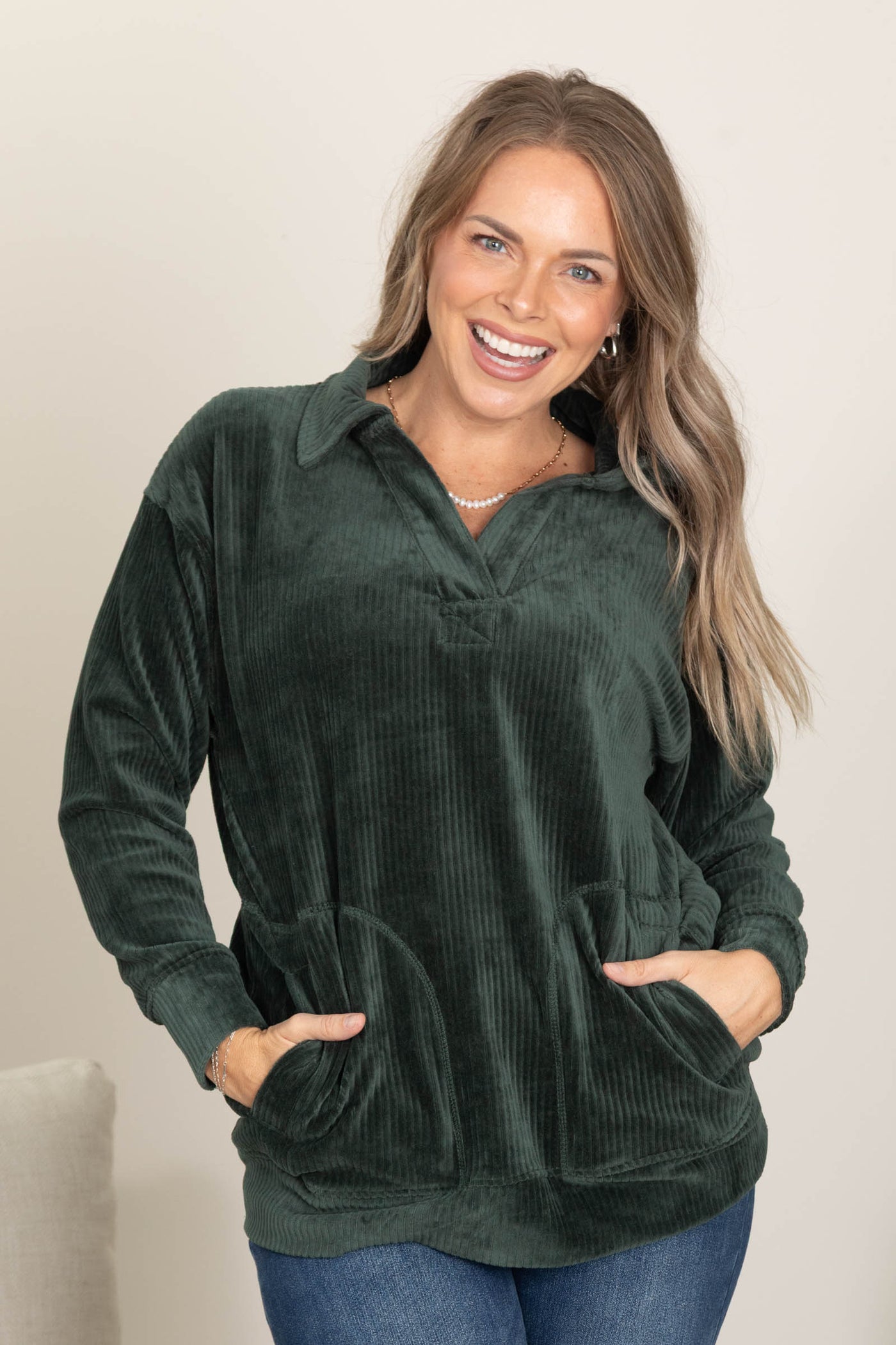 Relaxed Collared Corduroy Pullover Knit Tops