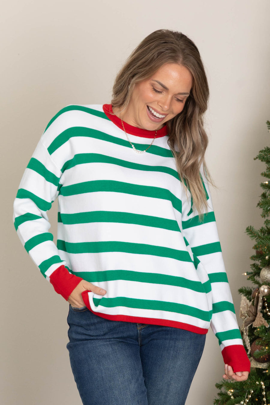 Striped Color Contrast Accents Knit Tops