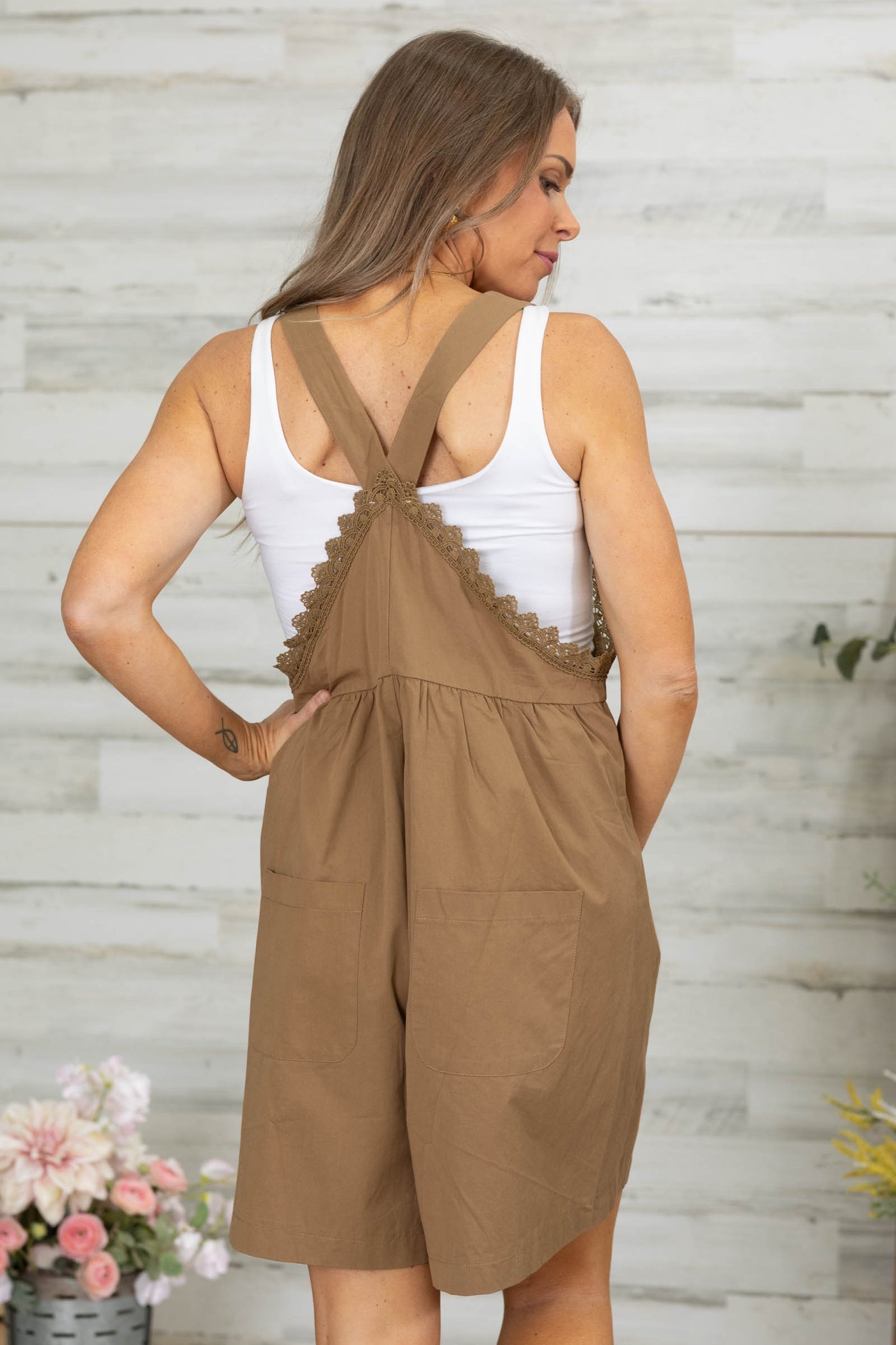 Mocha Lace Detail Back Patch Pocket Shortalls