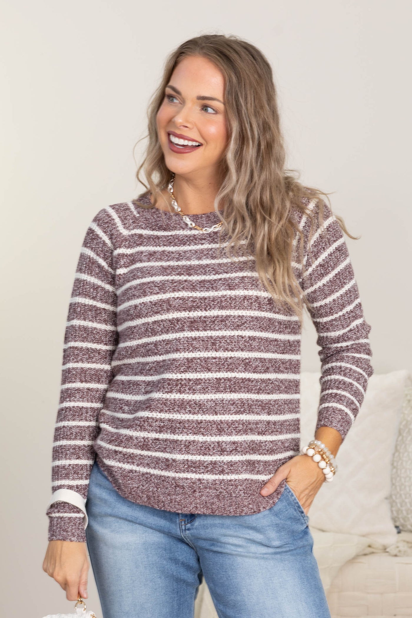 Heathered Maroon Waffle Striped Sweater