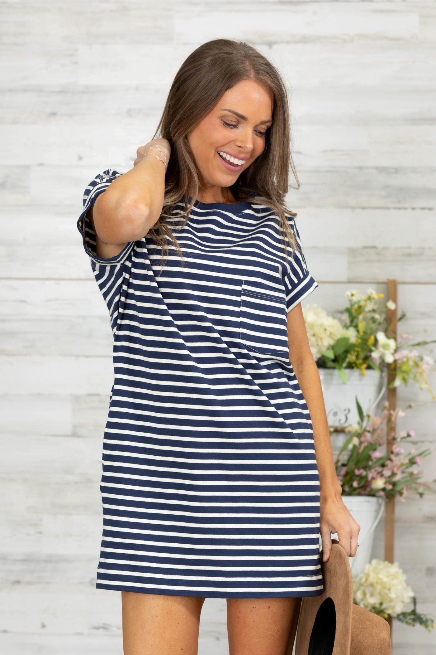 Navy Striped Knit Tee Shirt Dress