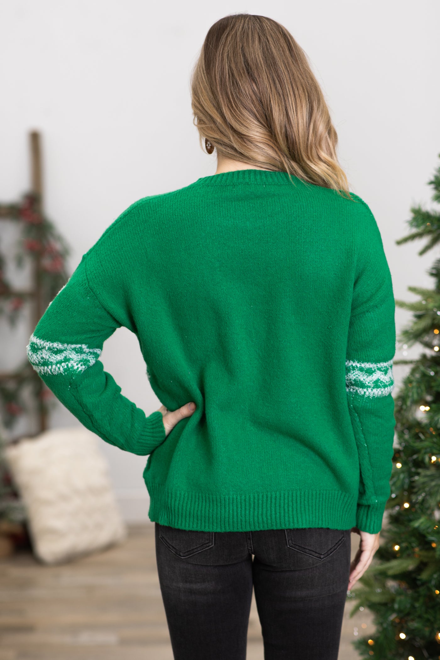 Green and White Snowflake Intarsia Sweater