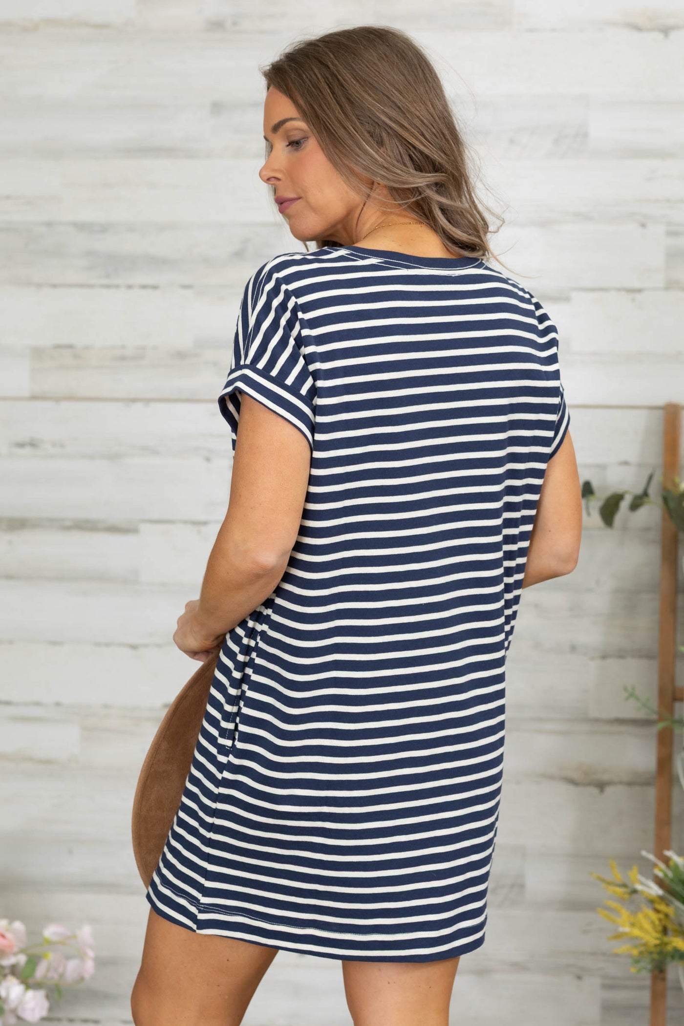 Navy Striped Knit Tee Shirt Dress
