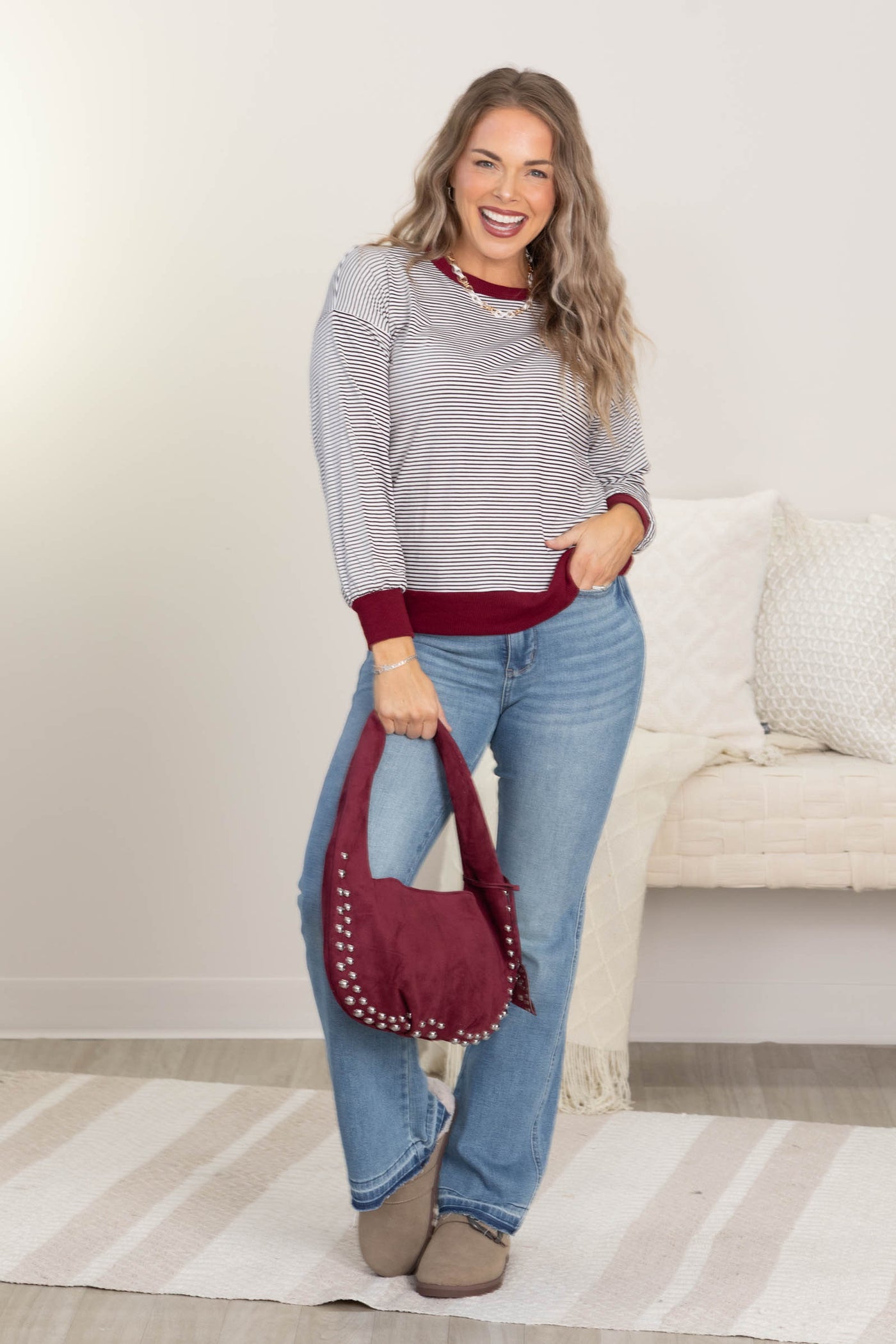 Wine Pinstriped Knit Long Sleeve Top