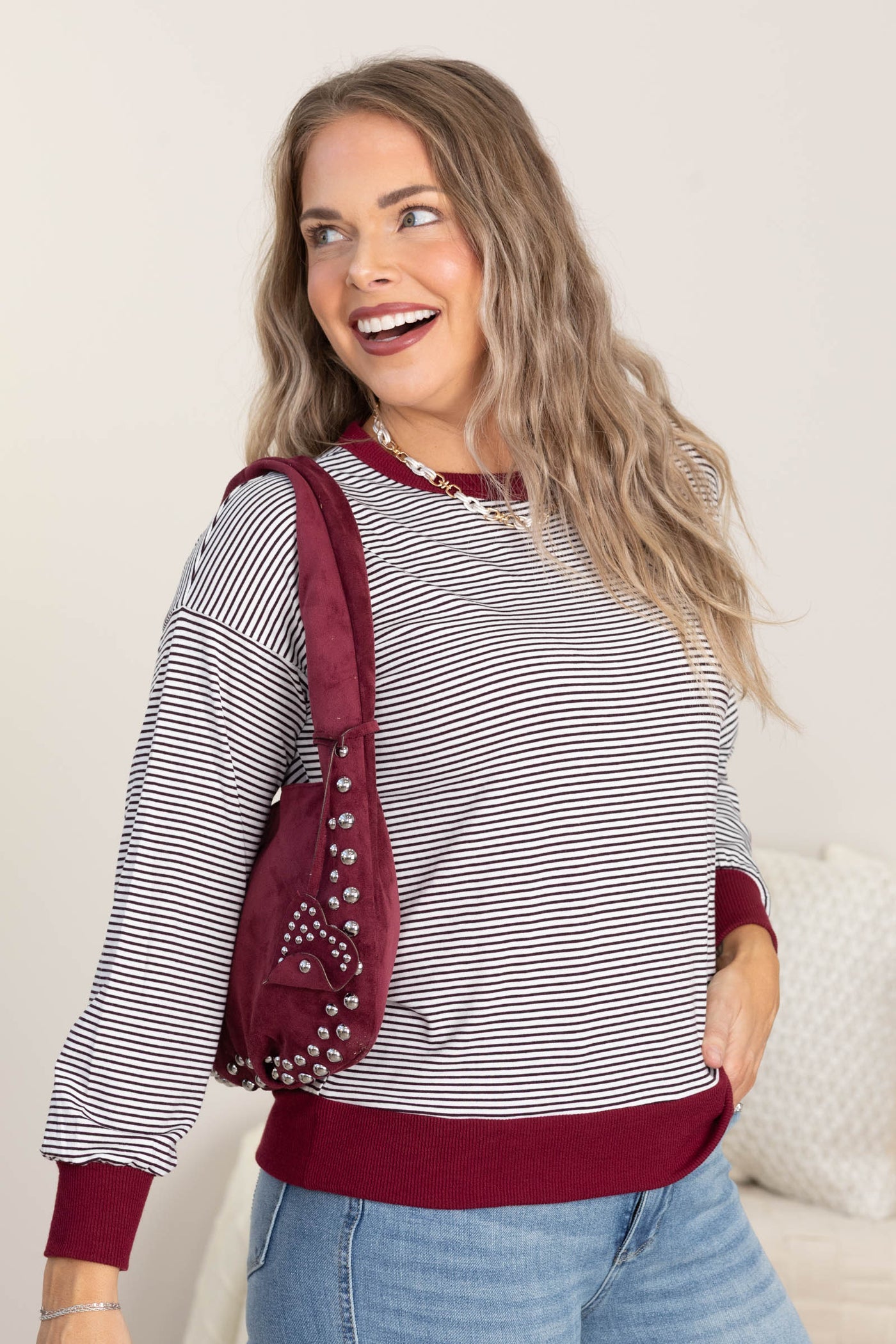 Wine Pinstriped Knit Long Sleeve Top