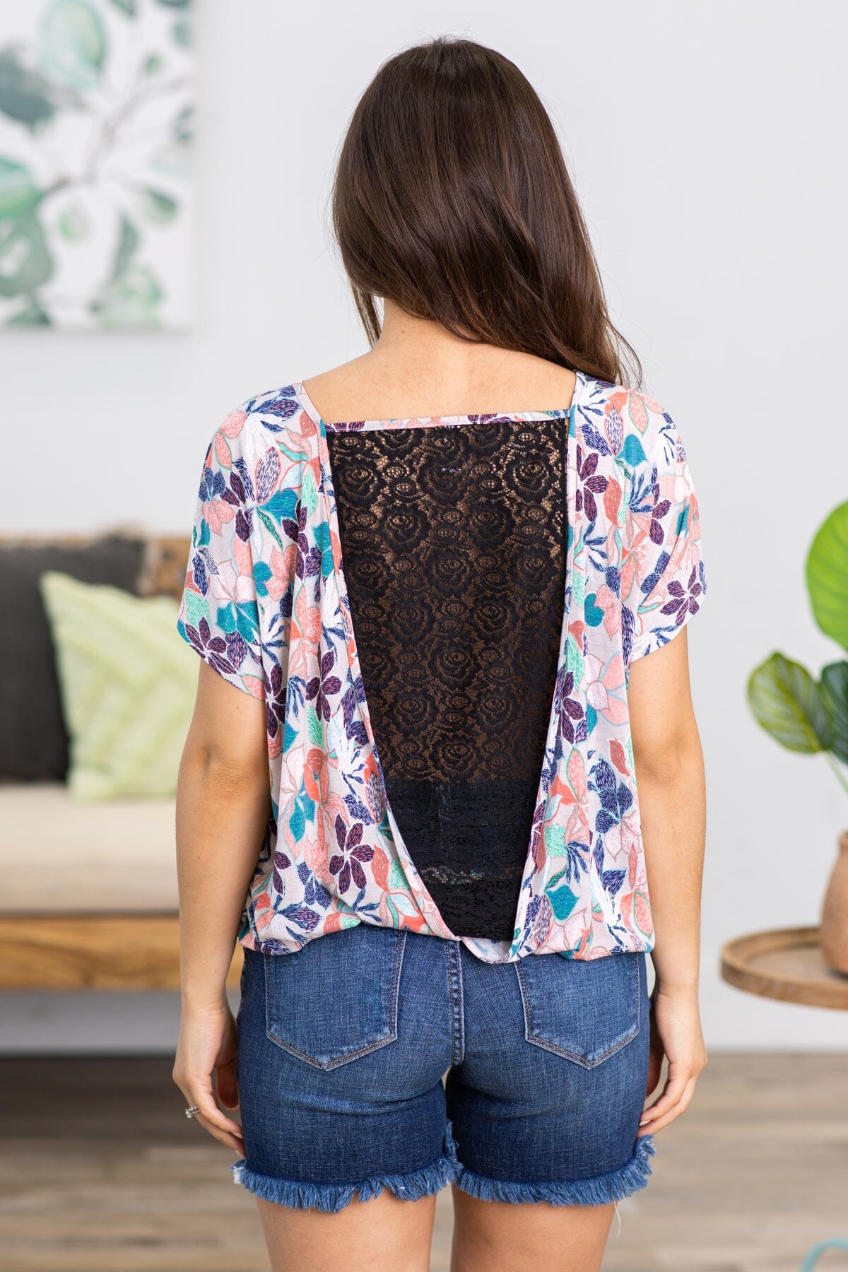 Peach and Navy Floral Lace Back Top - Filly Flair
