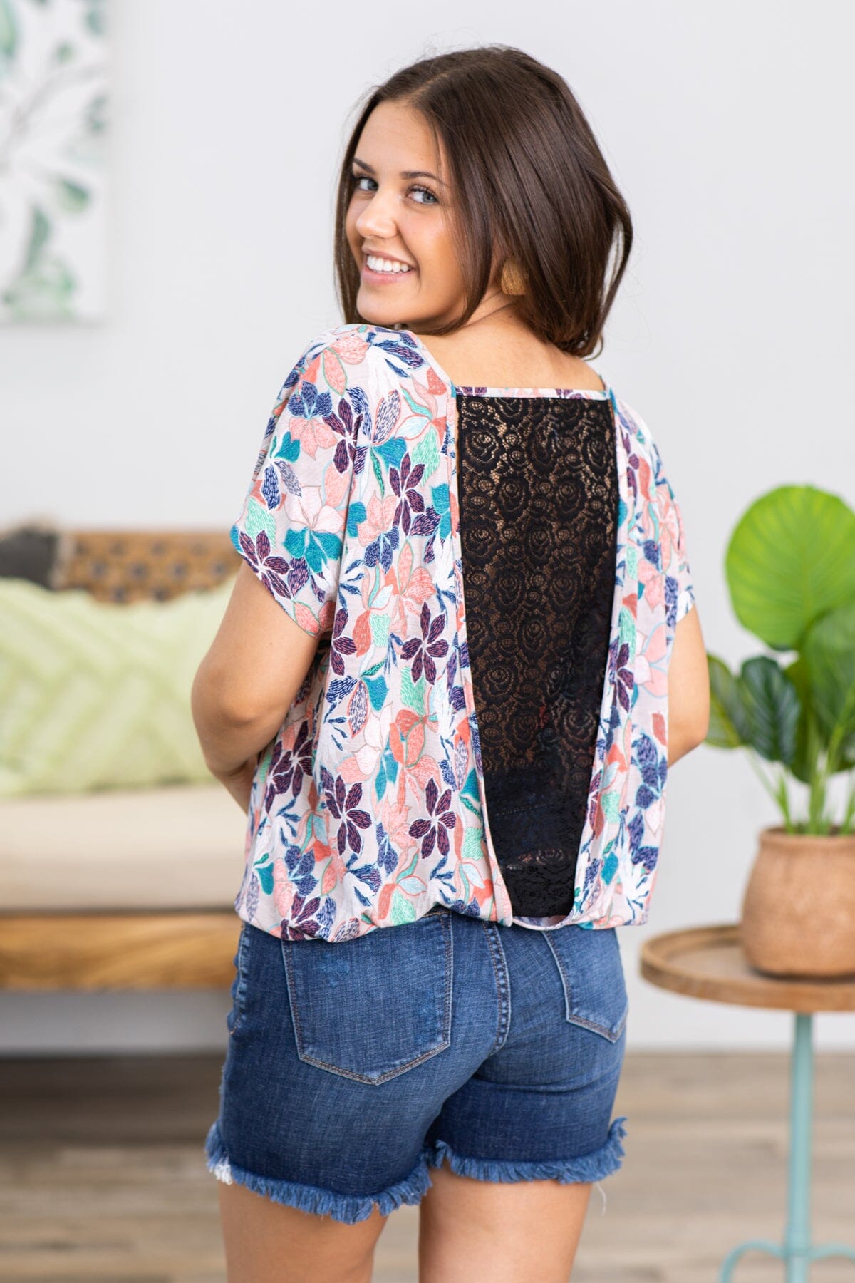 Peach and Navy Floral Lace Back Top - Filly Flair