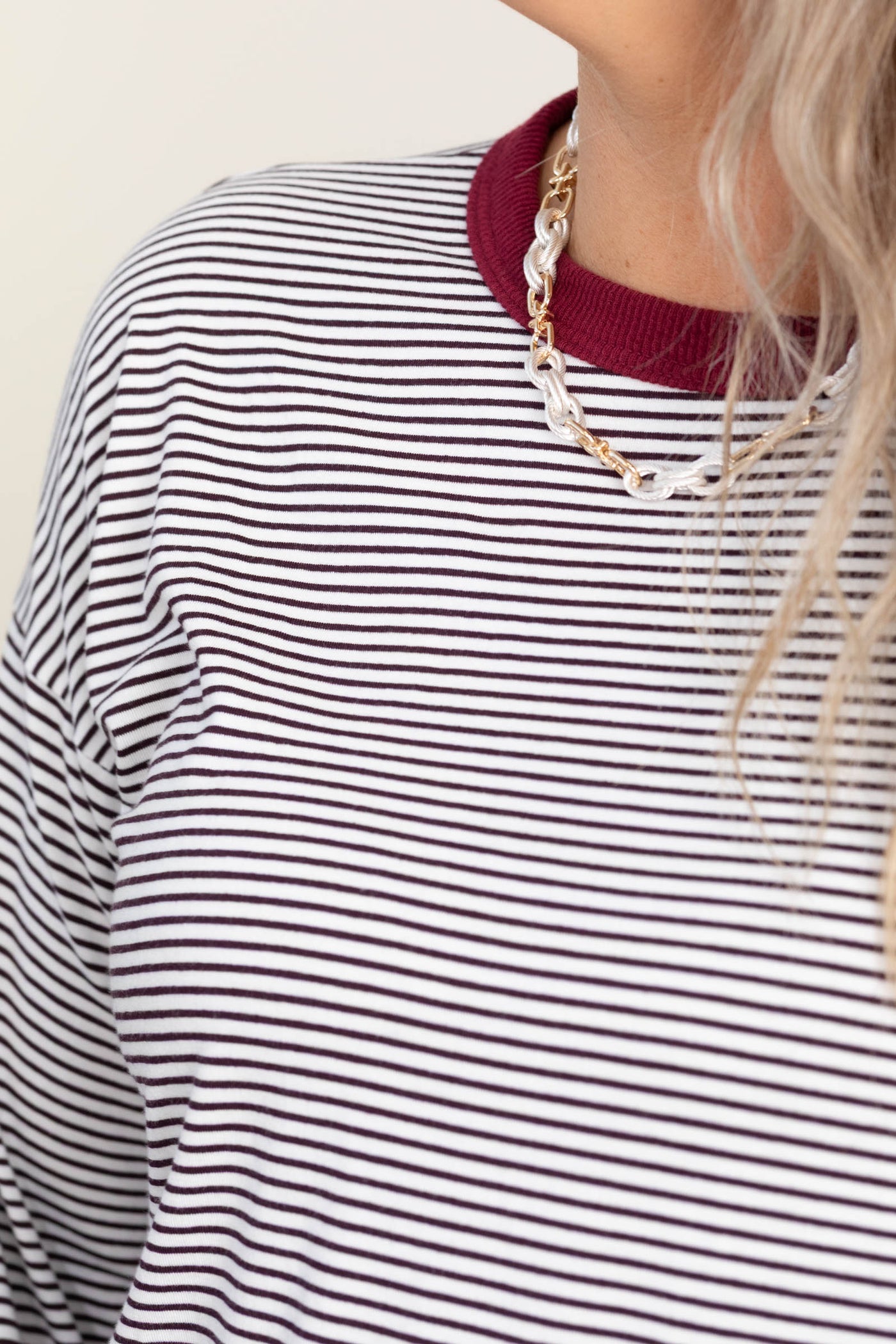 Wine Pinstriped Knit Long Sleeve Top