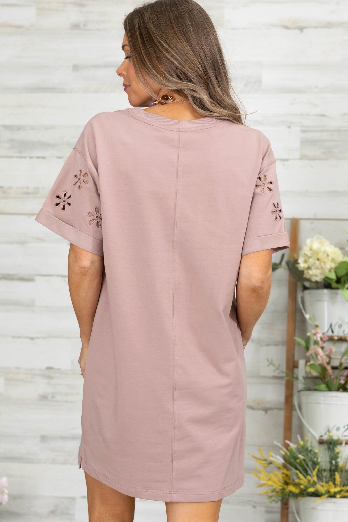 Dusty Rose Short Sleeve Cut Out Floral Dress