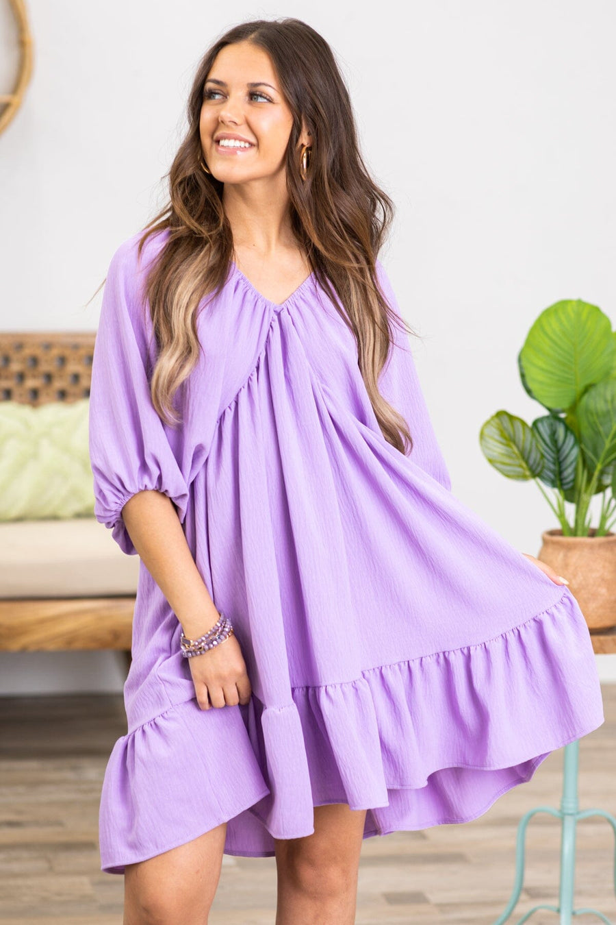 Lavender V-Neck Dolman Sleeve Dress - Filly Flair