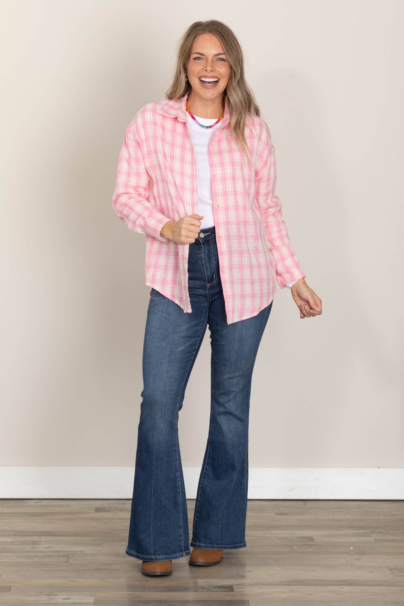 Pink Plaid Button Up Woven Top