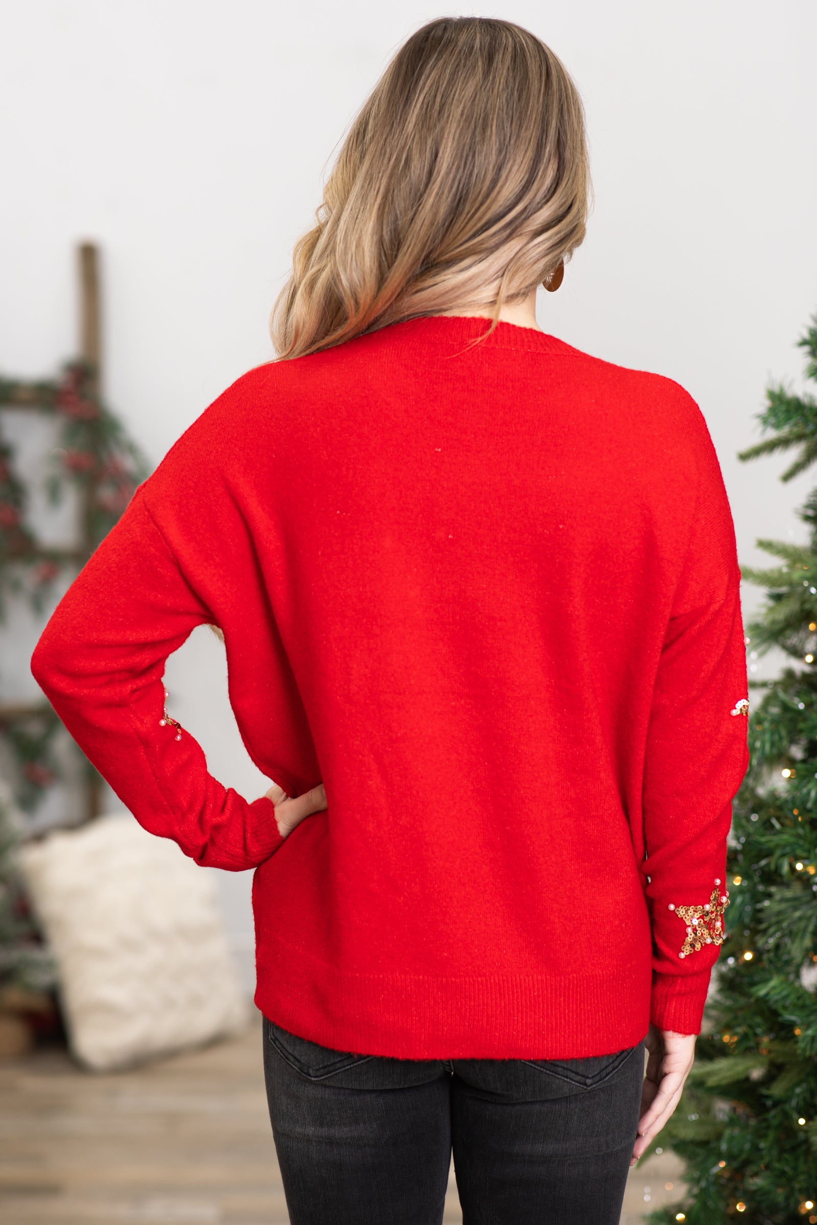 Red and Gold Sequin Stars Sweater
