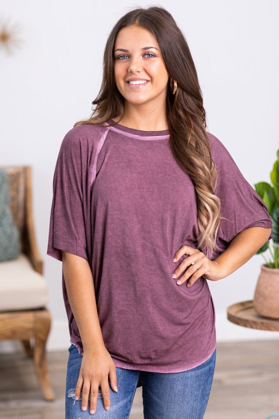 Mauve Washed Dolman Sleeve Top - Filly Flair