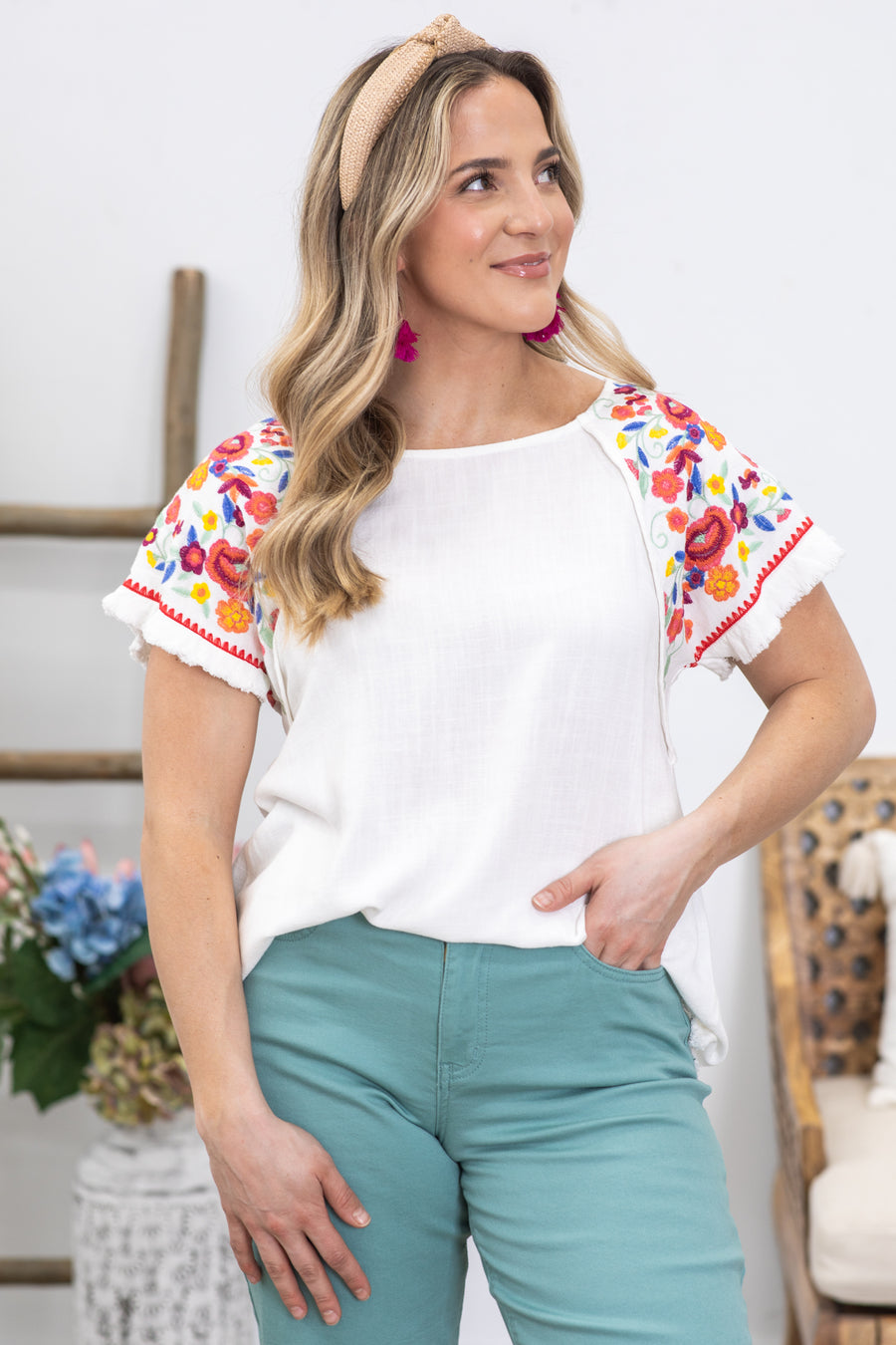 Off White Embroidery Short Sleeve Linen Top