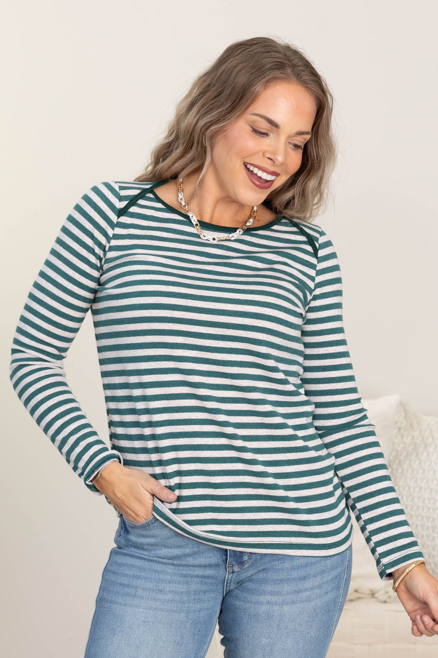 Striped Color Trimmed Long Sleeve Knit Tops