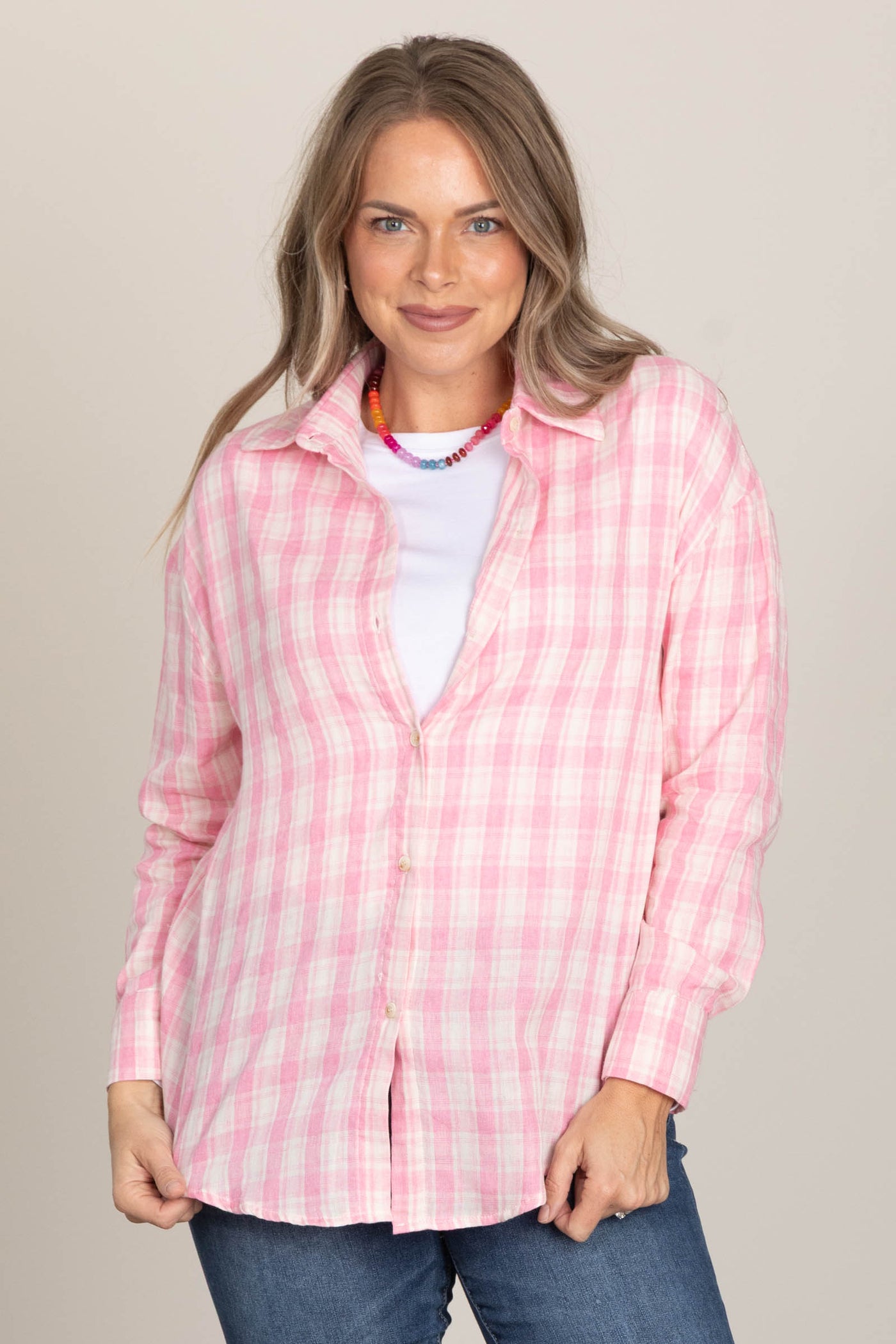 Pink Plaid Button Up Woven Top