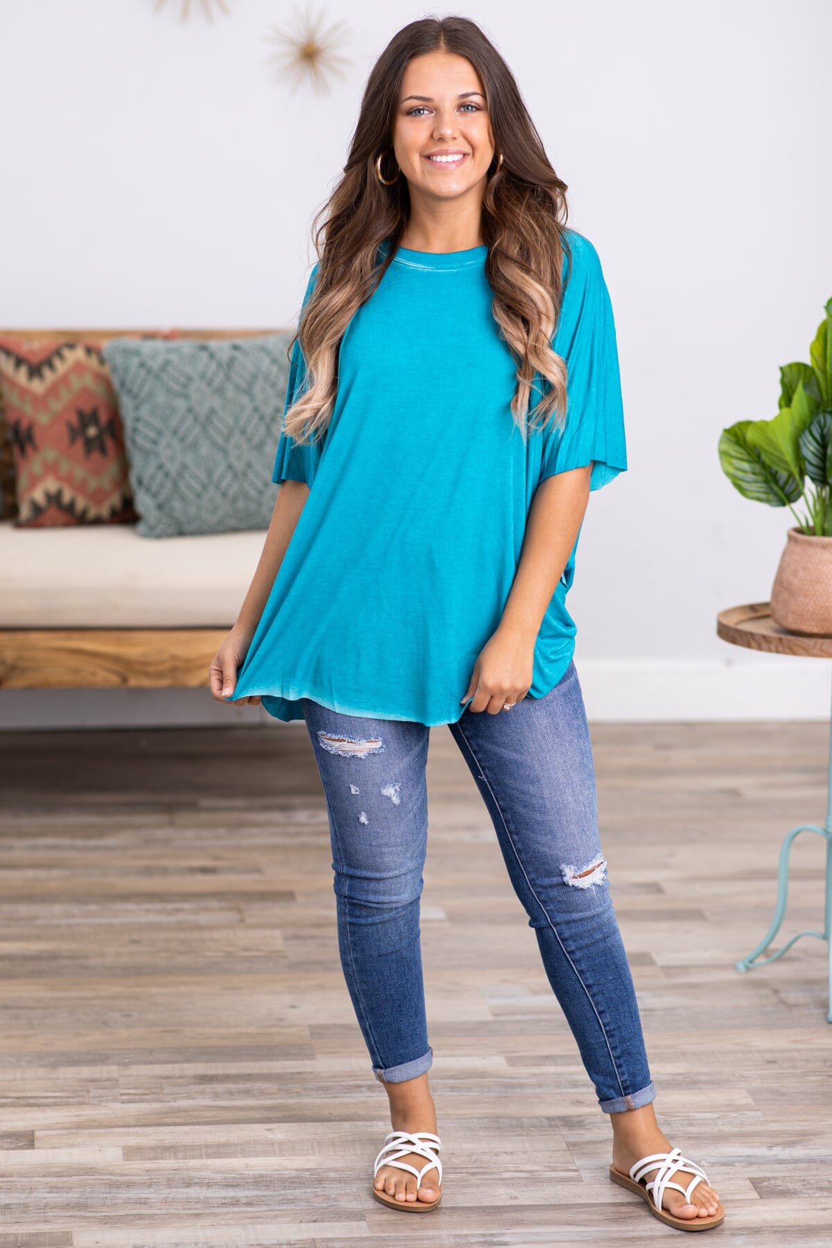 Teal Washed Dolman Sleeve Top - Filly Flair