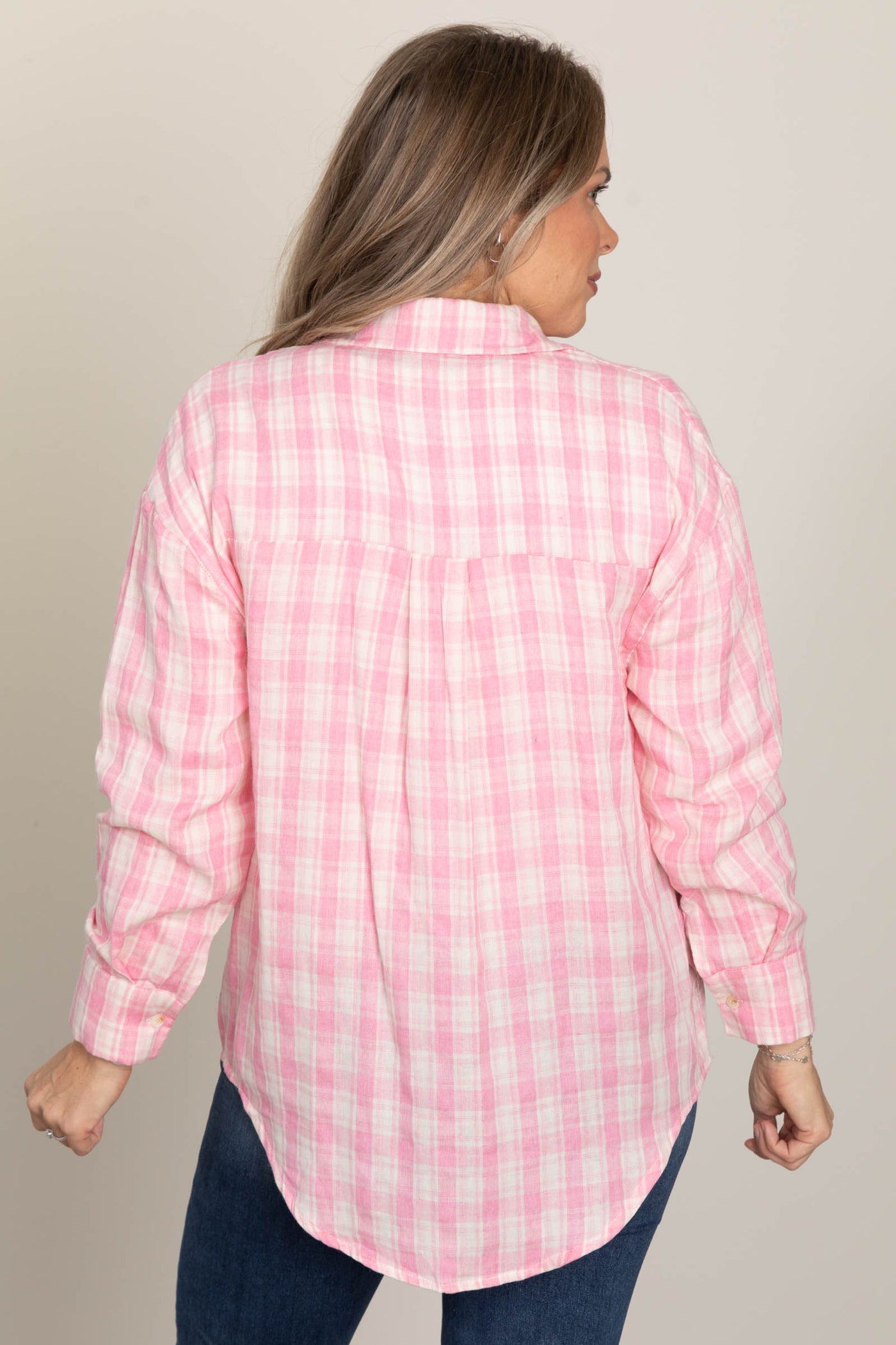 Pink Plaid Button Up Woven Top