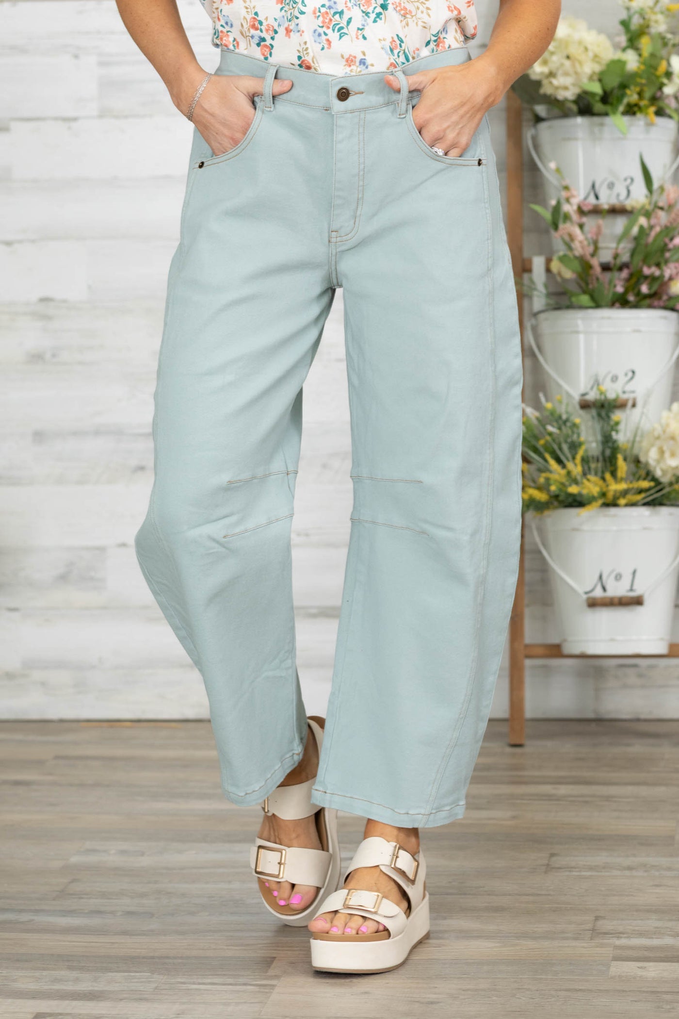Dusty Mint Cotton Twill Elastic Waist Barrel Pants