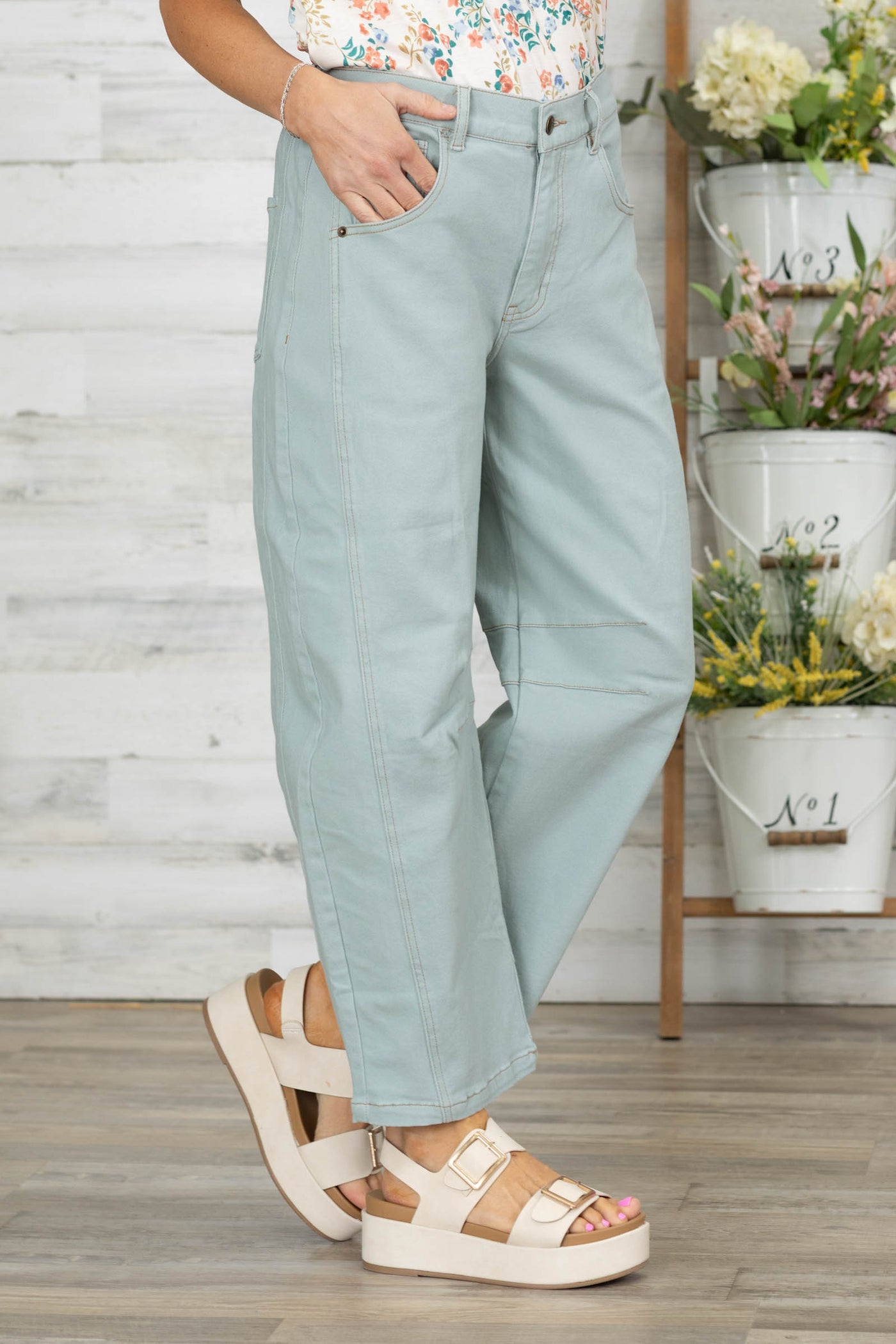 Dusty Mint Cotton Twill Elastic Waist Barrel Pants