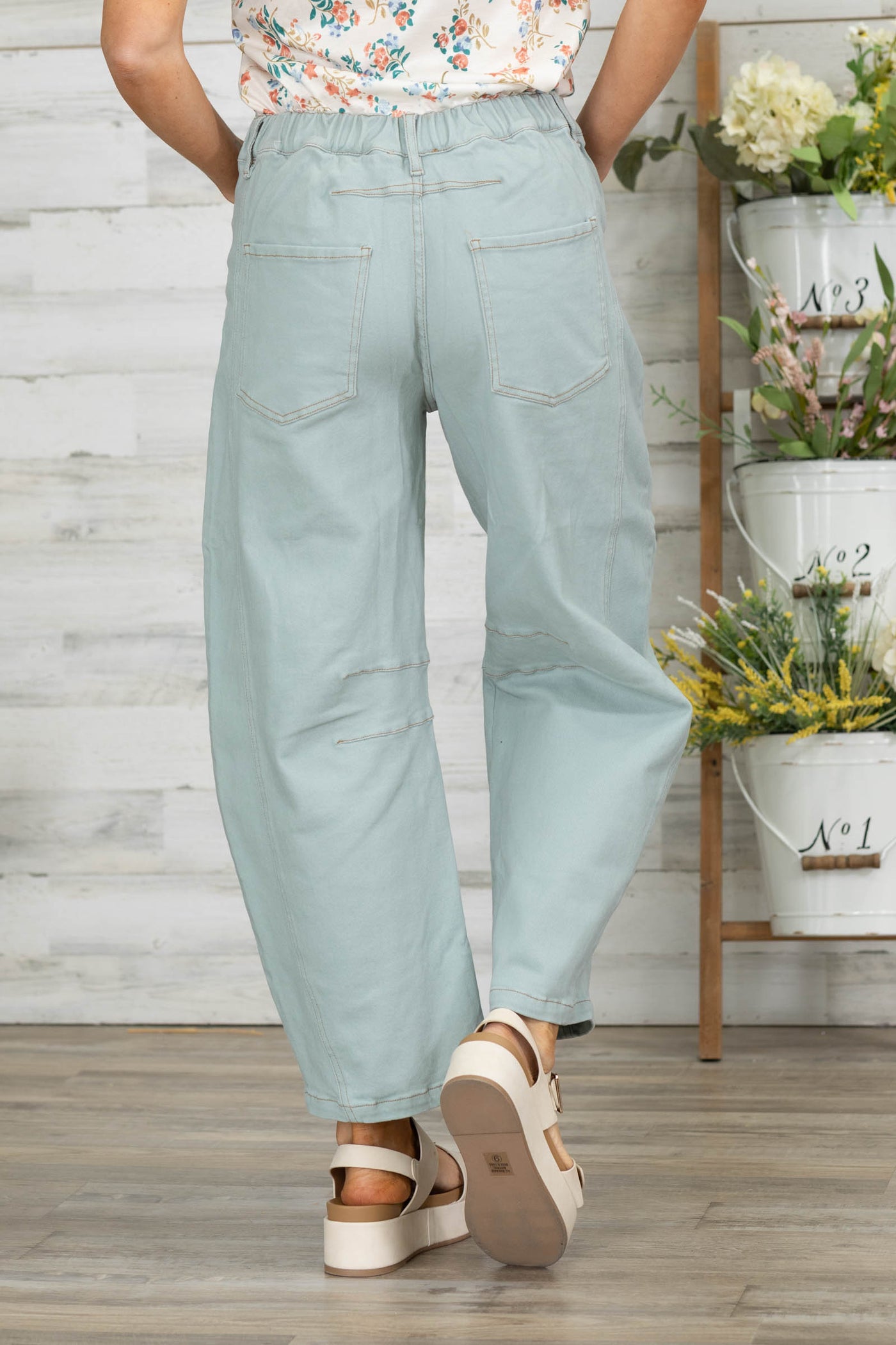 Dusty Mint Cotton Twill Elastic Waist Barrel Pants