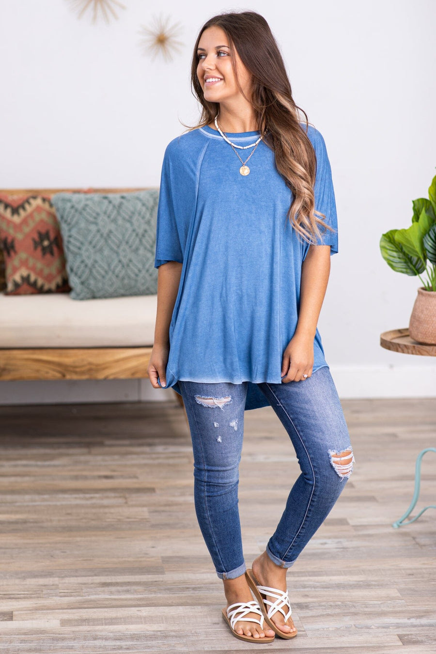 Dusty Blue Washed Dolman Sleeve Top - Filly Flair