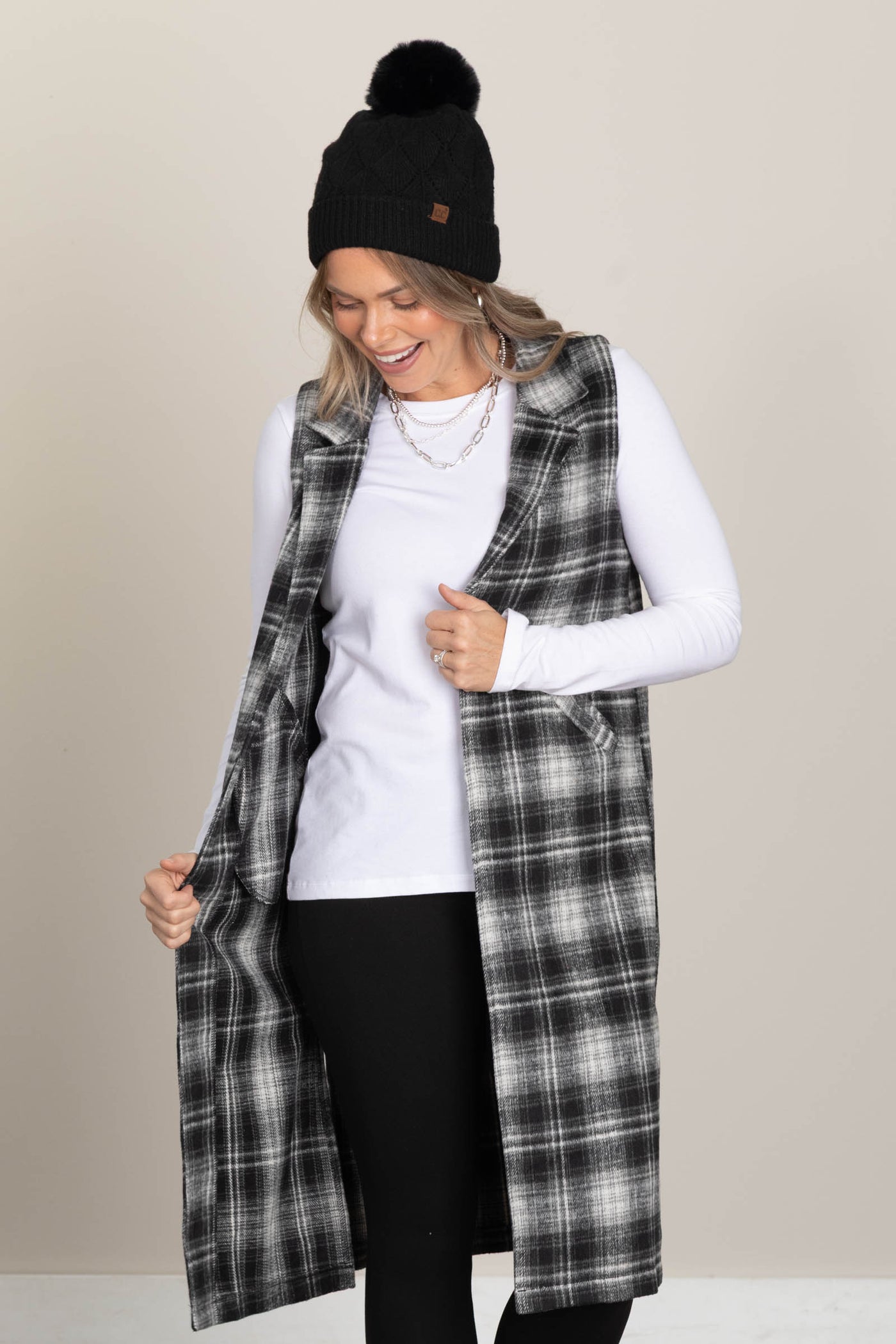 Black Plaid Sleeveless Long Open Vest