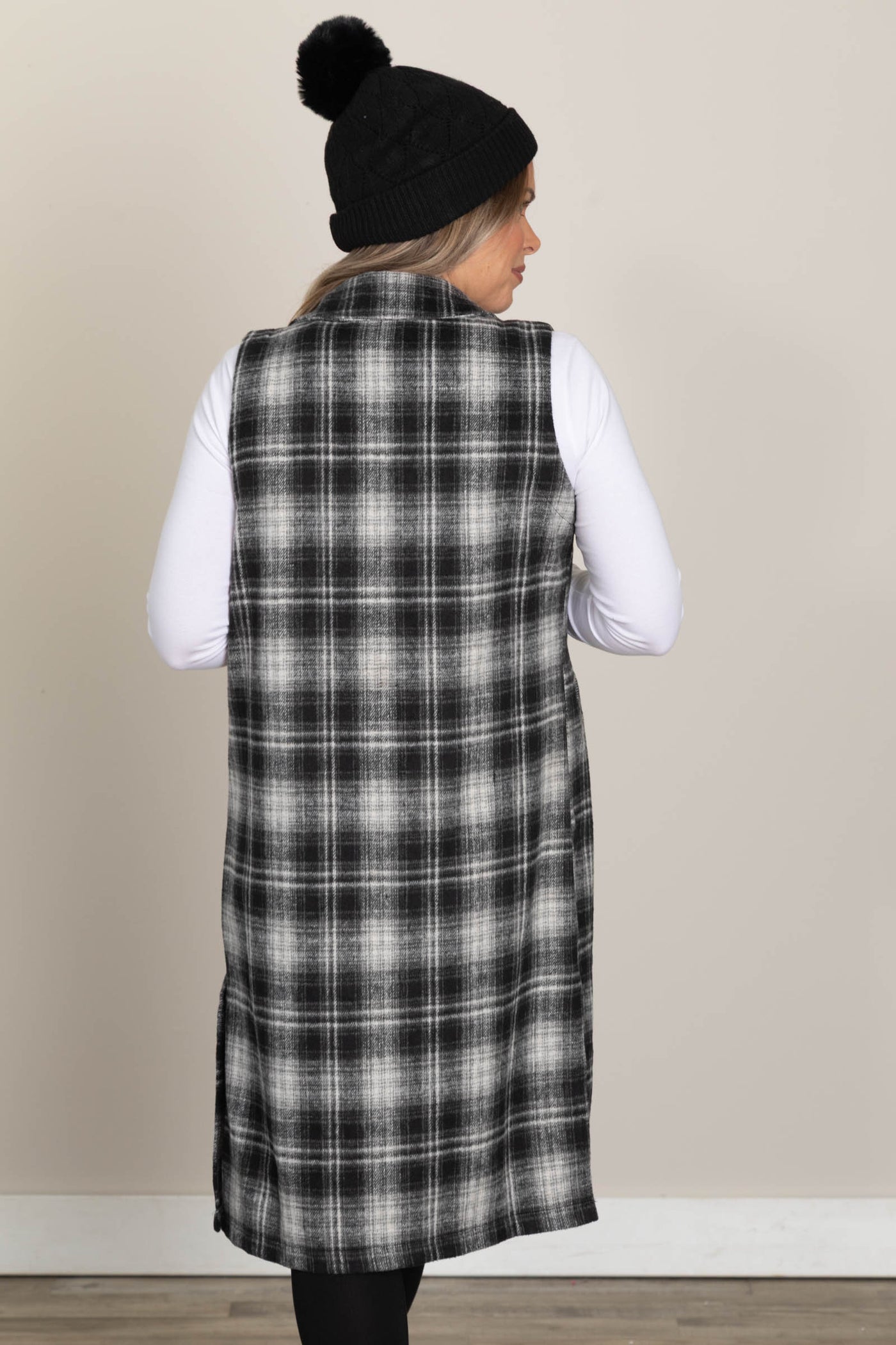 Black Plaid Sleeveless Long Open Vest