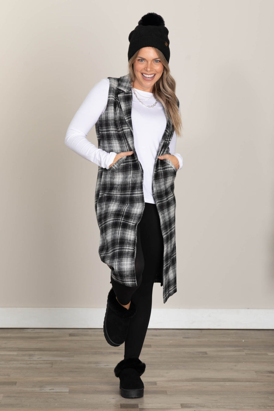 Black Plaid Sleeveless Long Open Vest