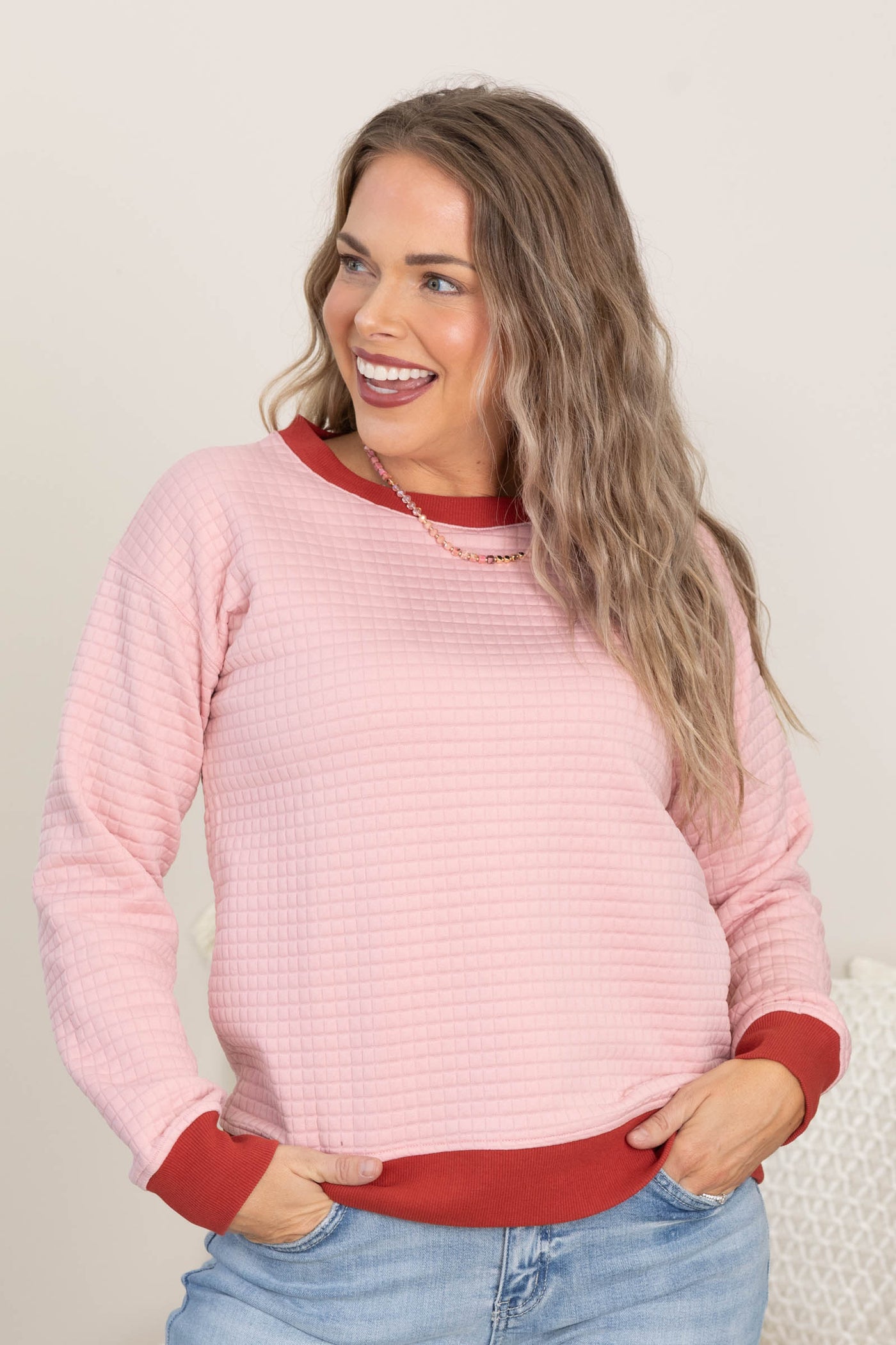 Quilted Contrast Band Crewneck Top
