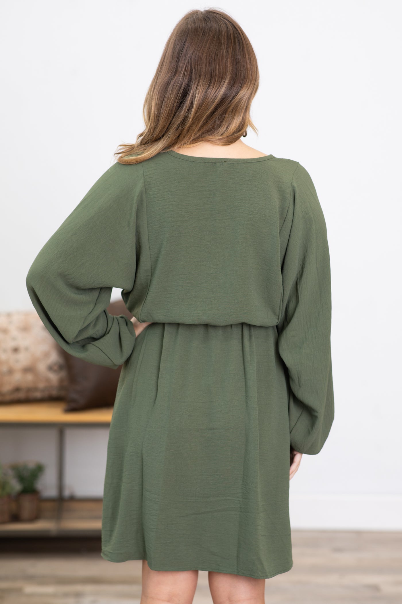 Olive Drawstring Waist Dolman Sleeve Dress