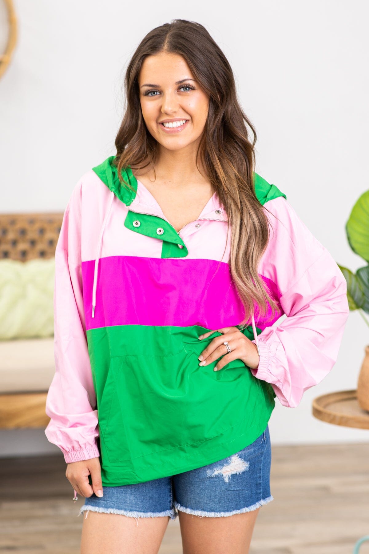 Jade and Pink Colorblock Windbreaker Pullover - Filly Flair