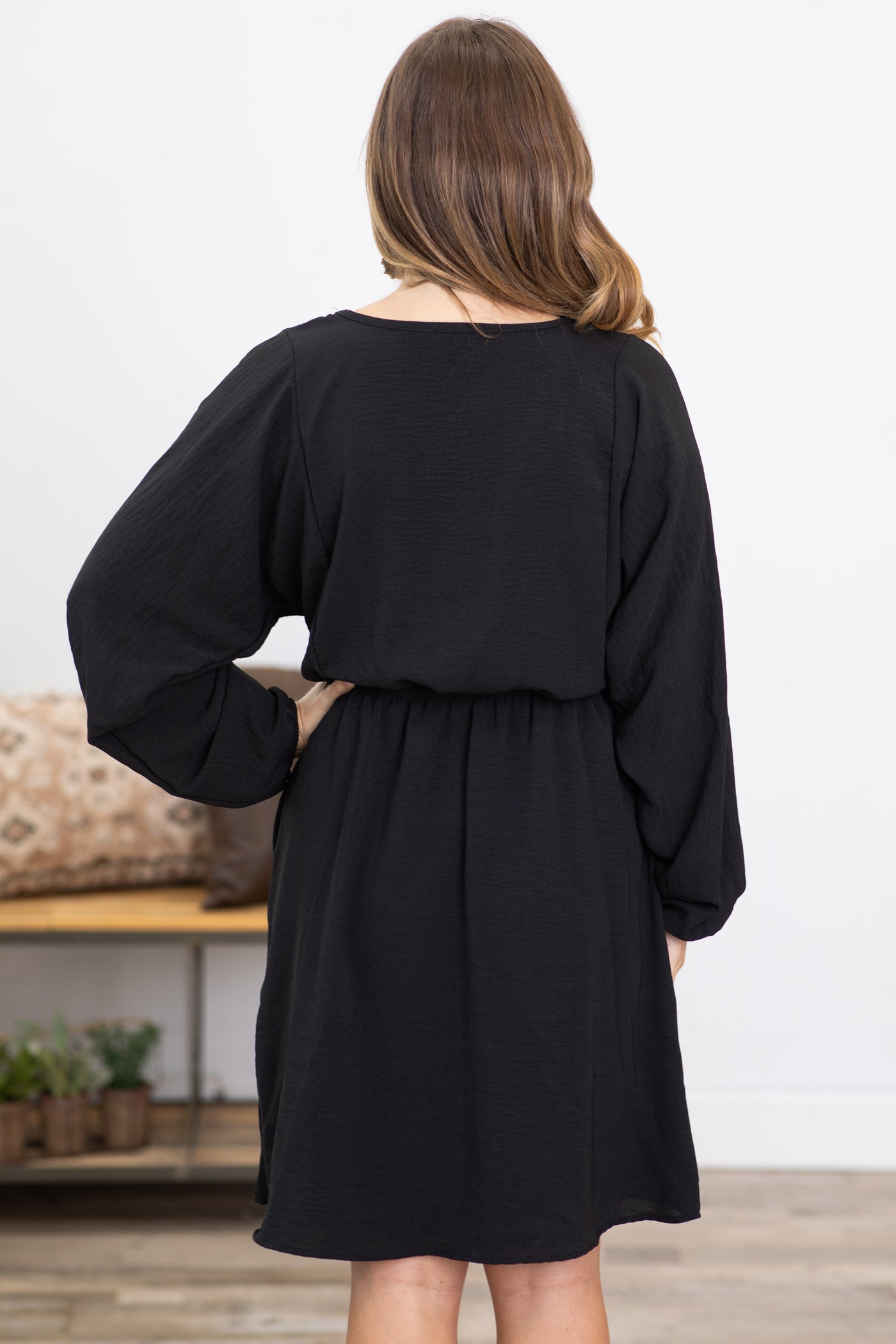 Black Drawstring Waist Dolman Sleeve Dress