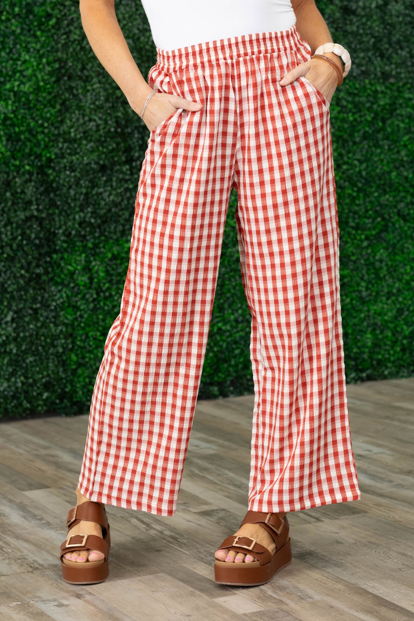 Red Checkered Elastic Waist Pants