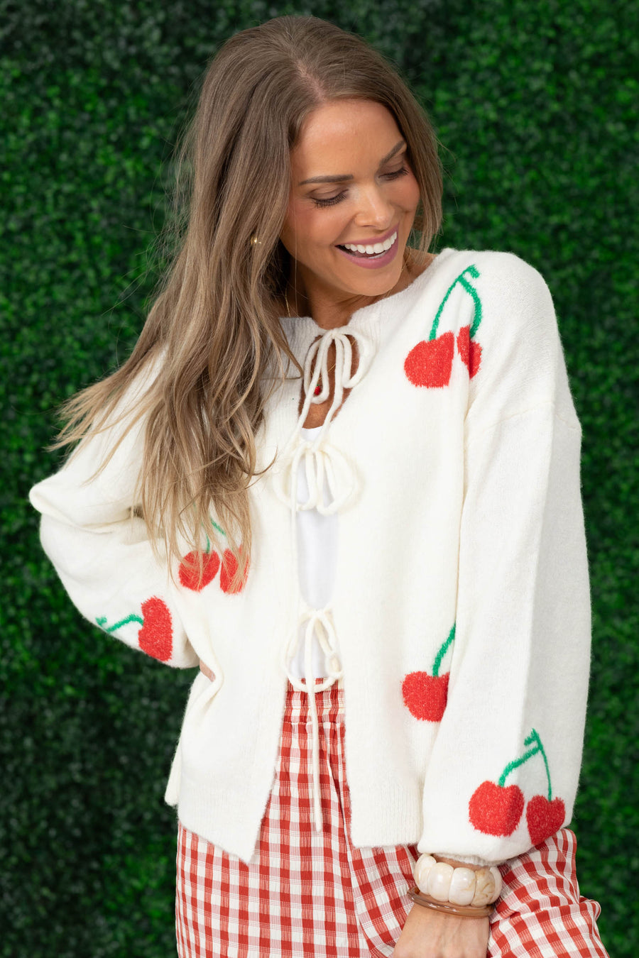 Ivory Cherry Jacquared Bow Tie Cardigan