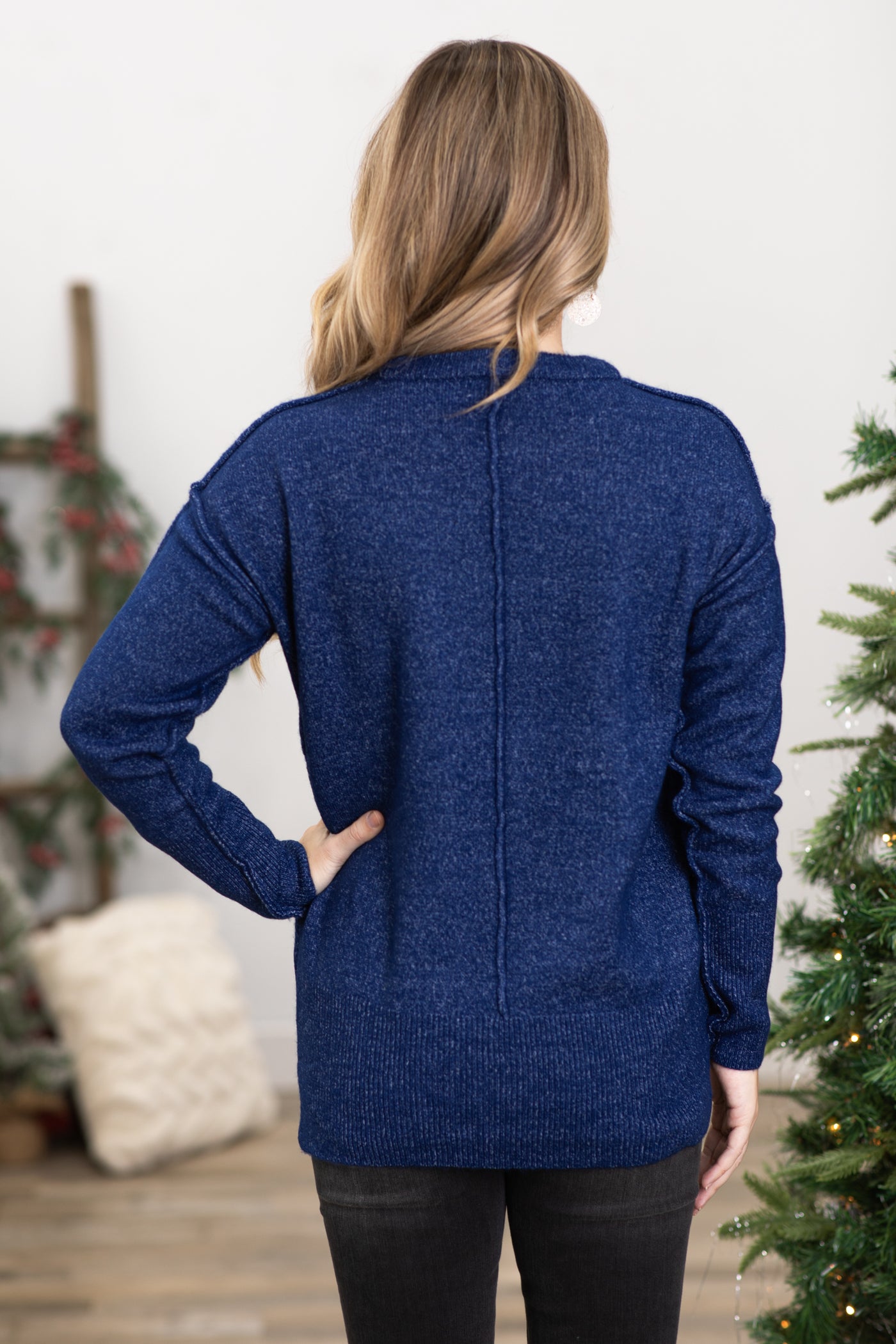 Navy Melange Sweater With Pocket Detail