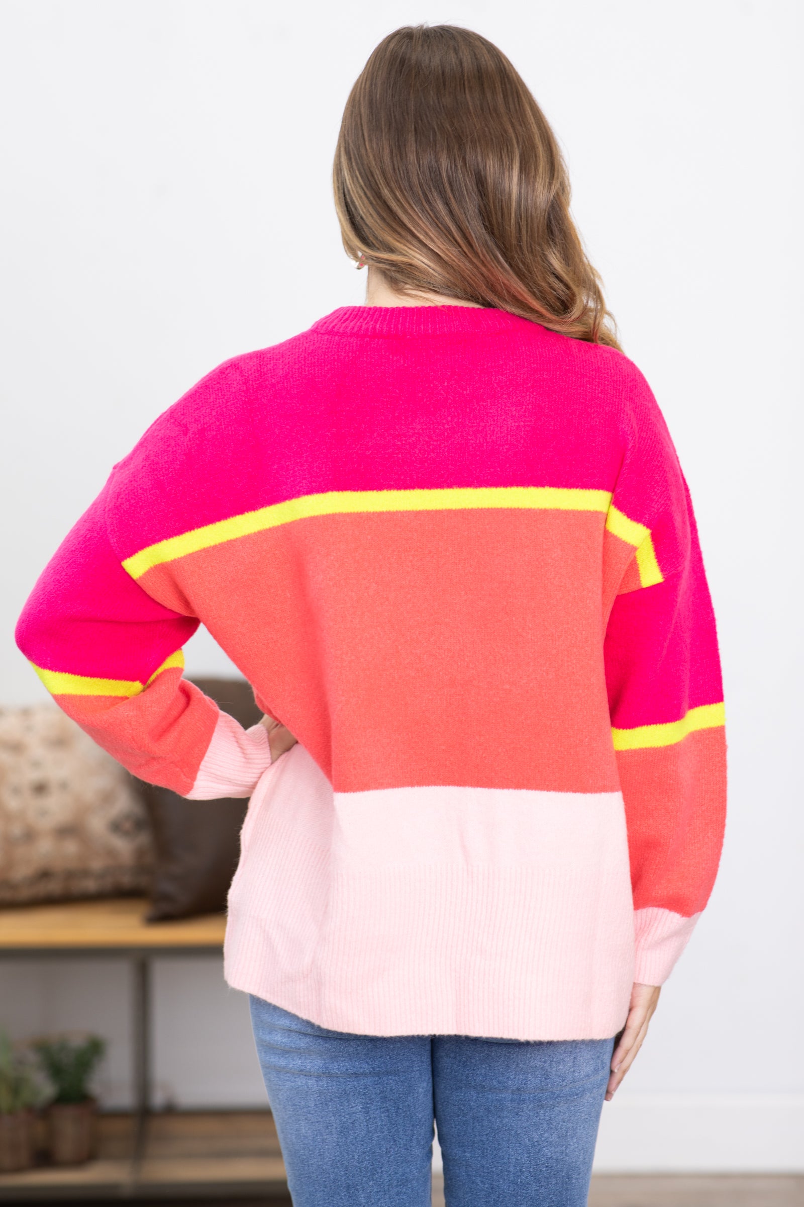 Hot Pink Multicolor Colorblock Sweater
