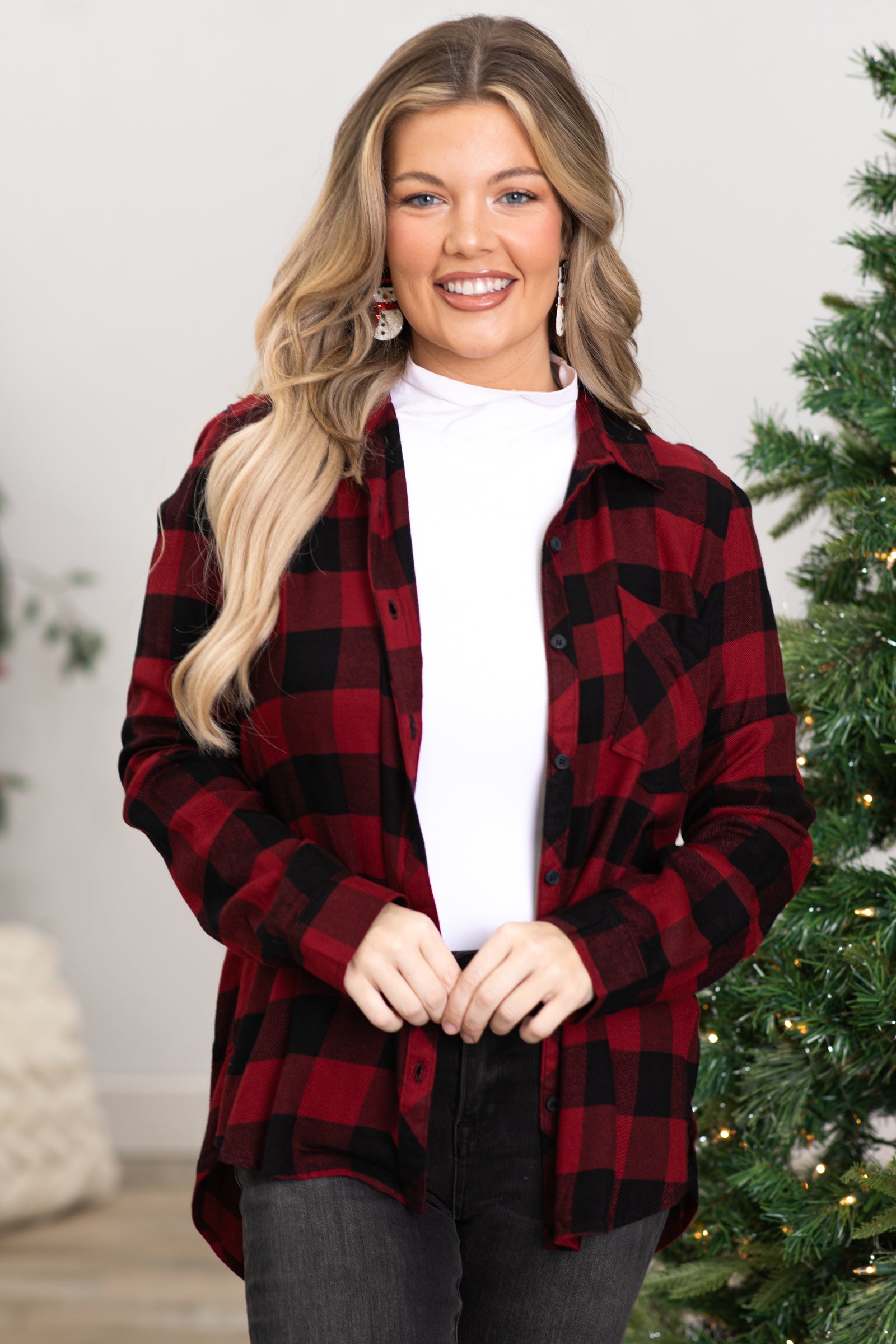 Black and Red Buffalo Plaid Button Up Top